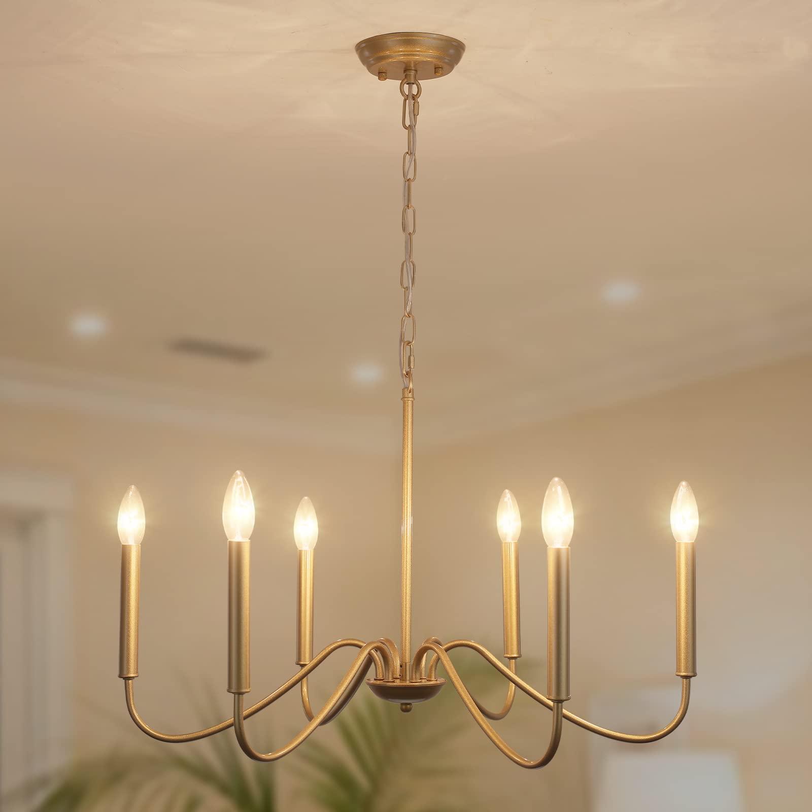 Generies Antique Spray Gold Farmhouse Chandelier, 6 Light Rustic Lighting Fixture Modern Industrial Candle Ceiling Light for Din