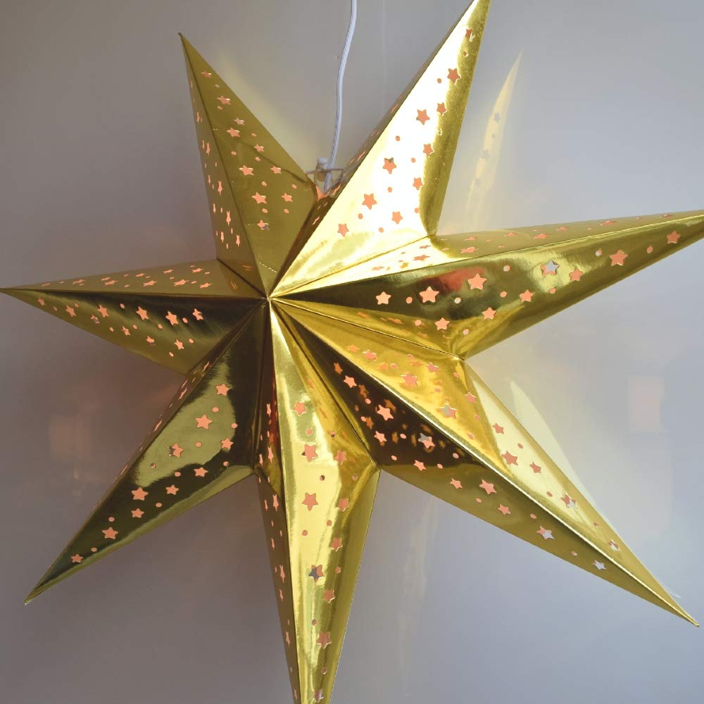 Paper Star Lantern Decoration (Galaxy Gold 7-Point Shining Star) - Perfect For Weddings, Christmas Holiday, Birthday Party Celeb