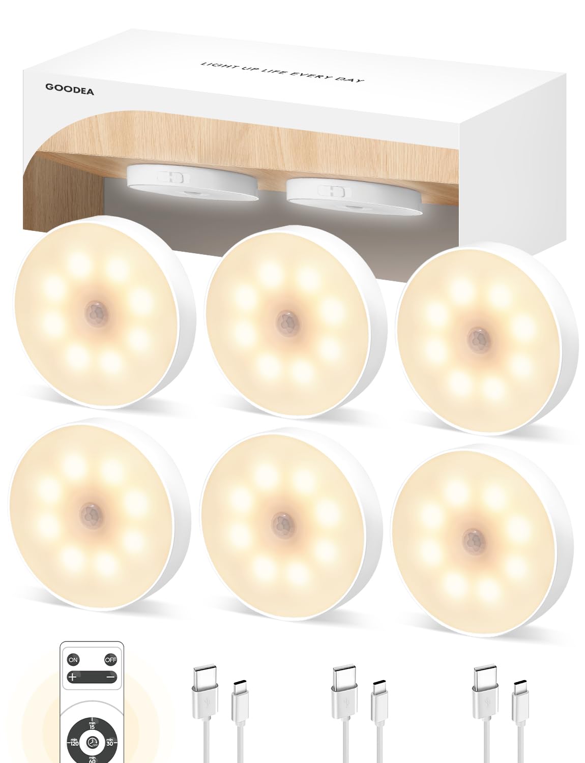 Goodea Led Under Cabinet Lights, Wireless Motion Sensor Rechargeable Light, Puck Lights with Remote, 1000mAh Under Counter Light