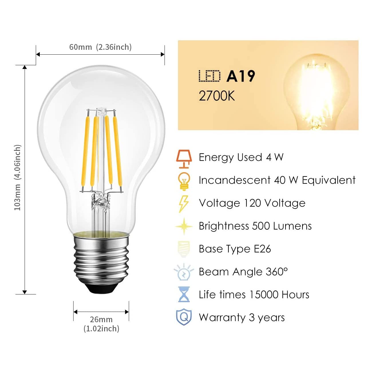 LVWIT A19 Vintage Edison LED Bulb, 4W (40W Equiv.), Warm White 2700K, 500 Lumens, Glass, 6 Pack, Yellow