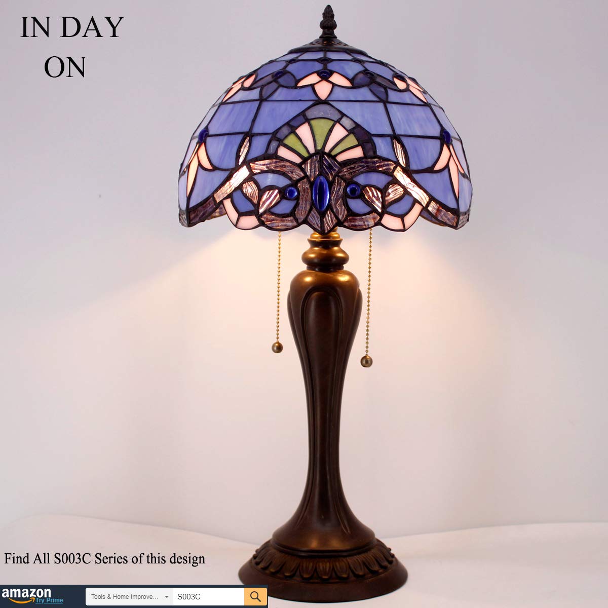WERFACTORY Tiffany Lamp Stained Glass Table Lamp 12X12X22 Inches Blue Purple Baroque S003C Series for Bedroom Living Room Office