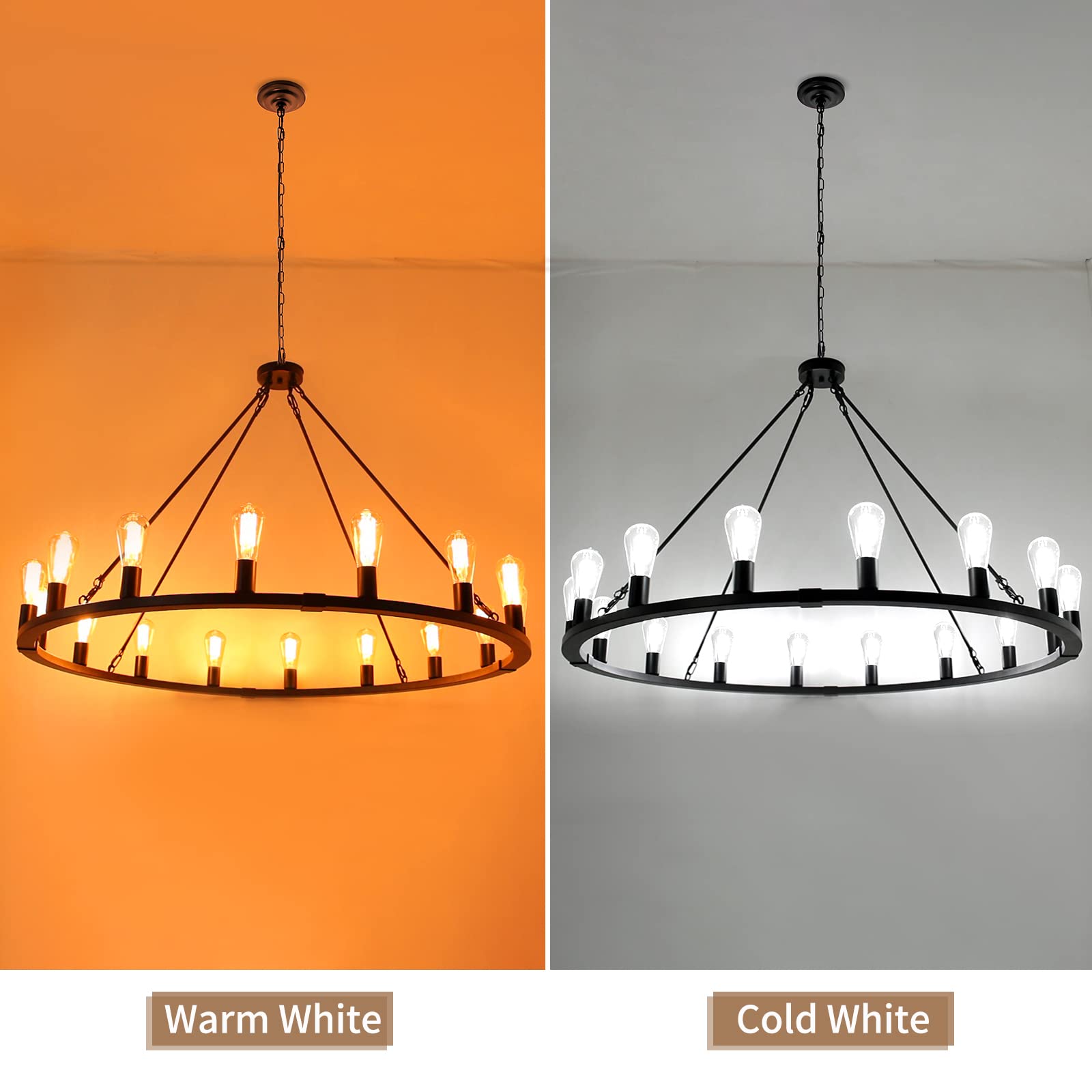 Rviezza 16-Light 48" Large Wagon Wheel Chandelier,Farmhouse Chandelier, Rustic Vintage Black Round Pendant Light Fixtures For Kitchen Island Dining Living Room Foyer Entryway