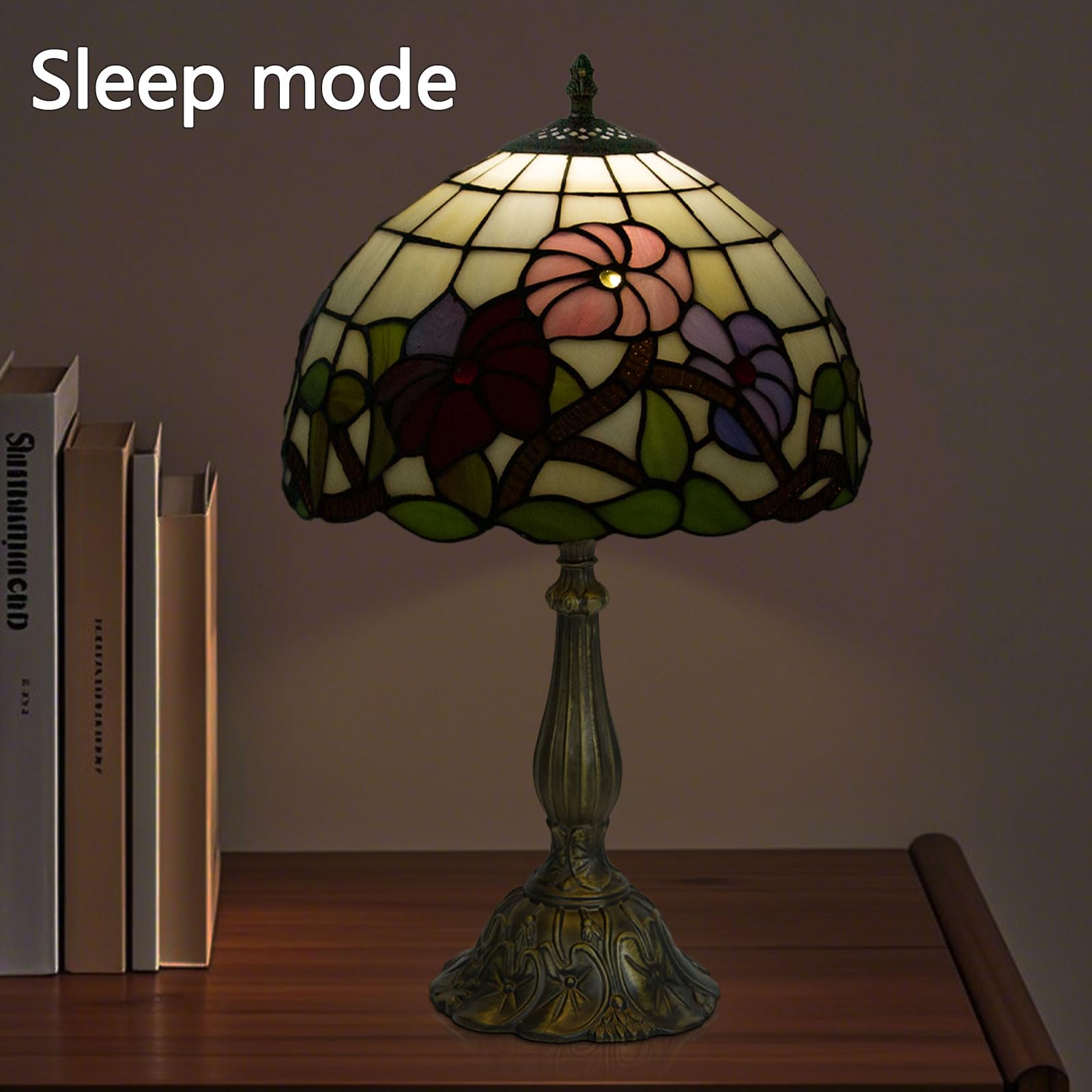 Crefotu Tiffany Table Lamp, 12 Inch, Stained Glass, Remote Control, Stepless Dimmable, Three Flowers, Model CFLP-0003