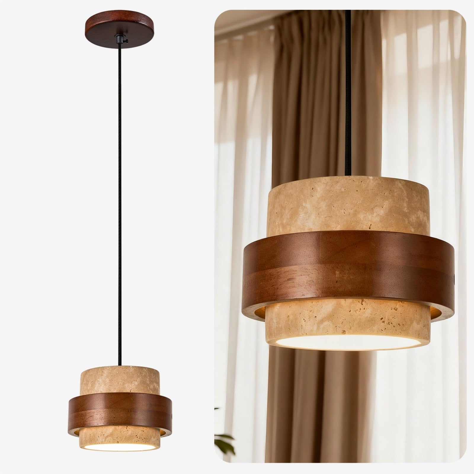 Wabi Sabi Pendant Light - Japandi Nordic Fixture Lamp, Natural Wood & Stone Concrete Chandelier for Japanese Bedroom, Kitchen Is