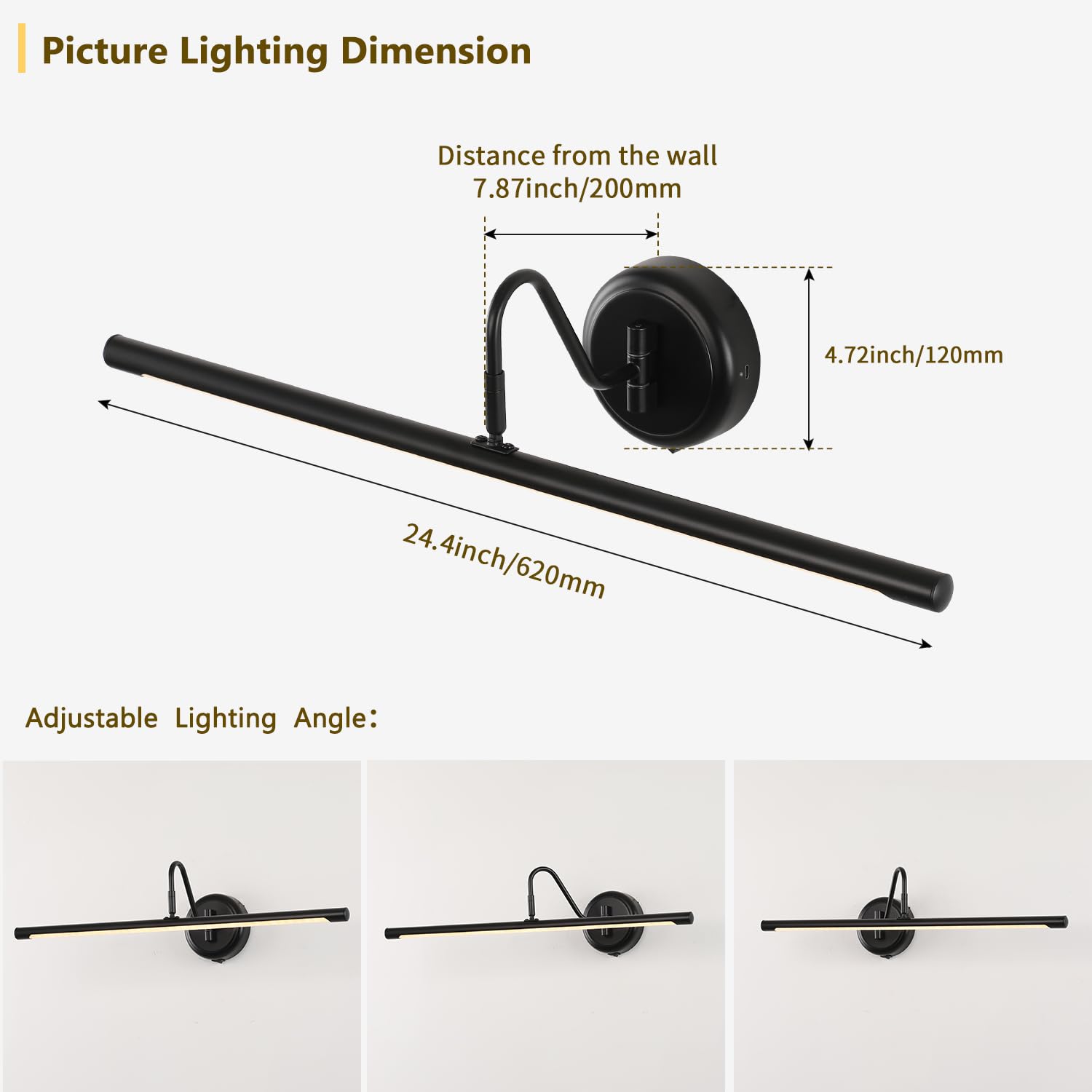 JOOSENLUX Battery Operated Picture Light 24.4in Wireless Dimmable Wall Light Black Metal Model 7940