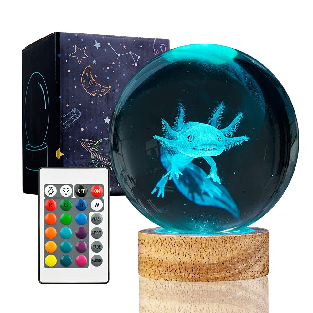 YYLZEPHB 3D Axolotl Crystal Ball Night Light with Woodern Base,16 Colors with Remote Control Cool Desk Decor Gifts for Kids Frie