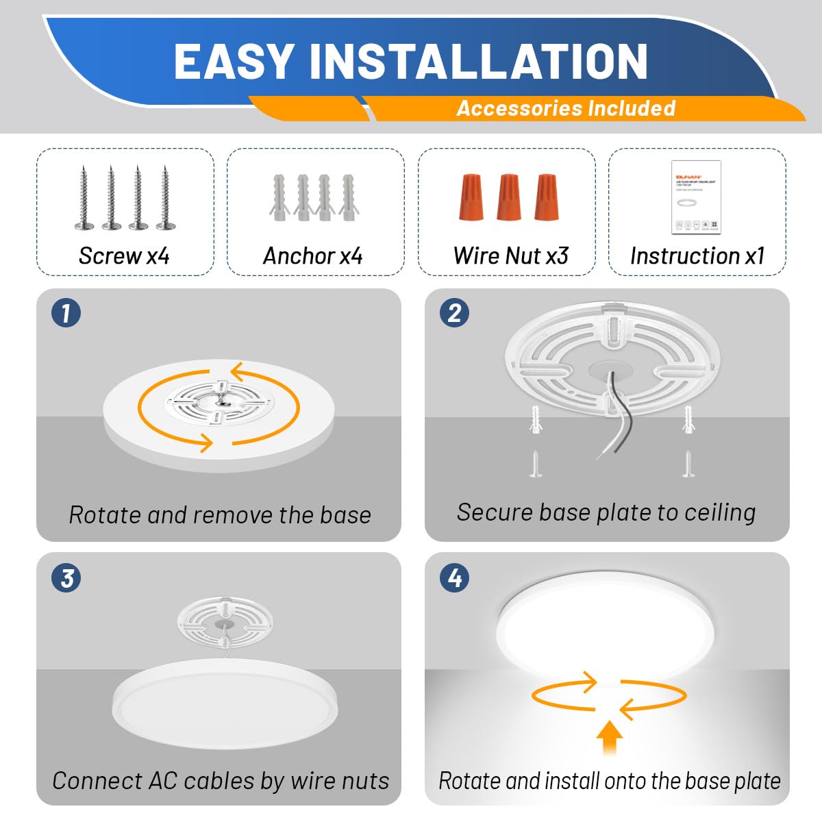 Allsmartlife 4-Pack Led Flush Mount Ceiling Light, 12Inch 24W 2880Lm Dimmable Cct 3000K/4000K/6500K Edge-Lit Thin White Round Fl