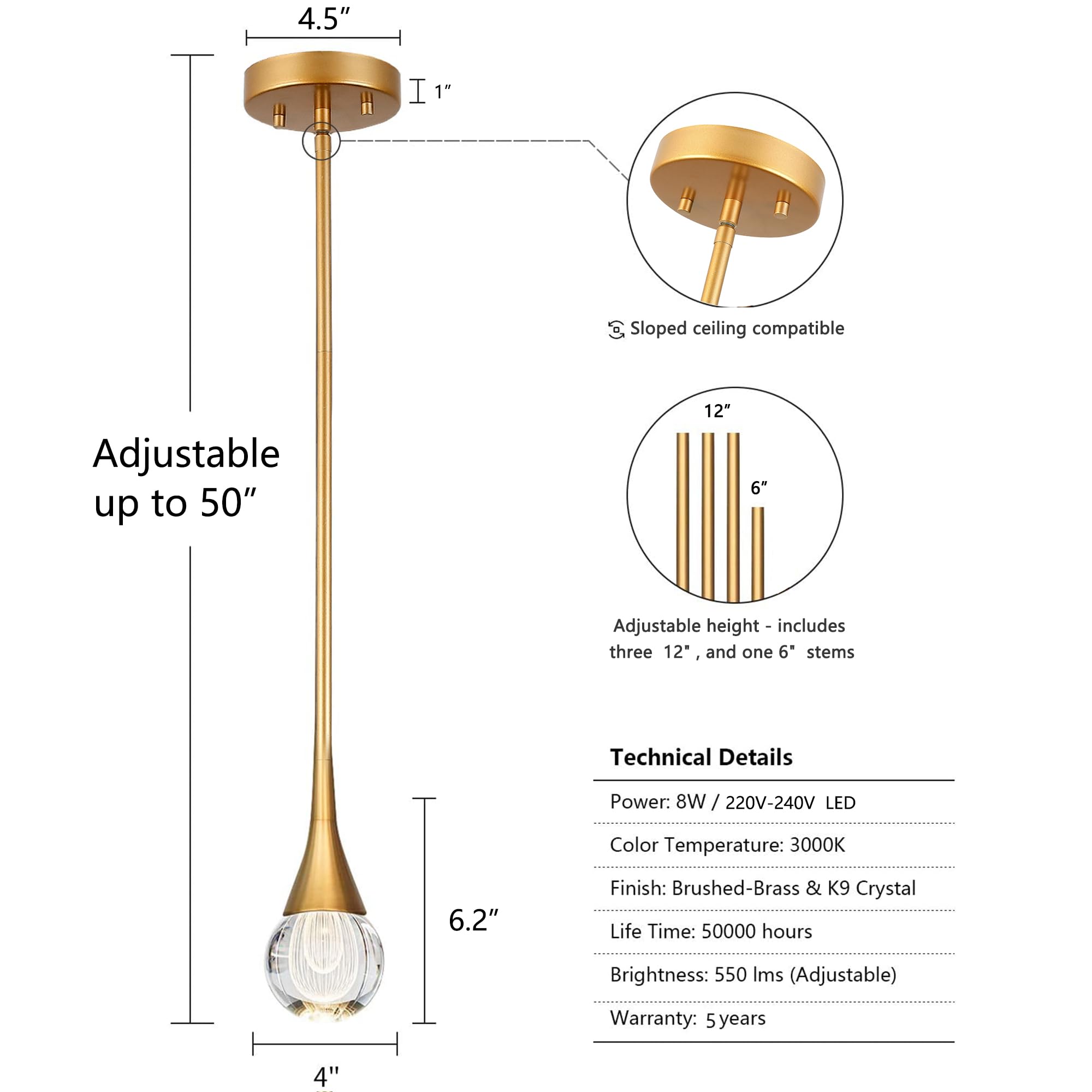 Eanloly 3-Pendant Lights Kitchen Island, Brass Gold Globe Crystal Ceiling Hanging Light Fxitures, Led Light Fixtures Metal Rod C