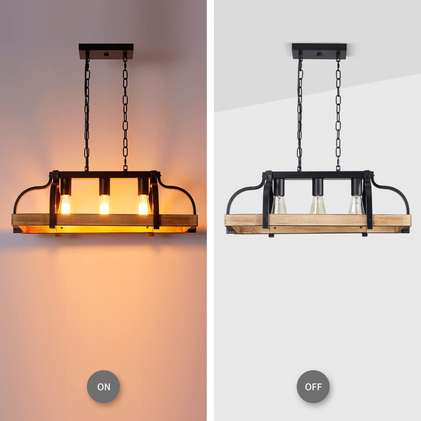 WUZUPS 3-Light Metal Pot Hanging Rack Chandelier, Rustic Farmhouse Pendant Light, 24.8" L, Imitation Light Wood Grain & Black Finish