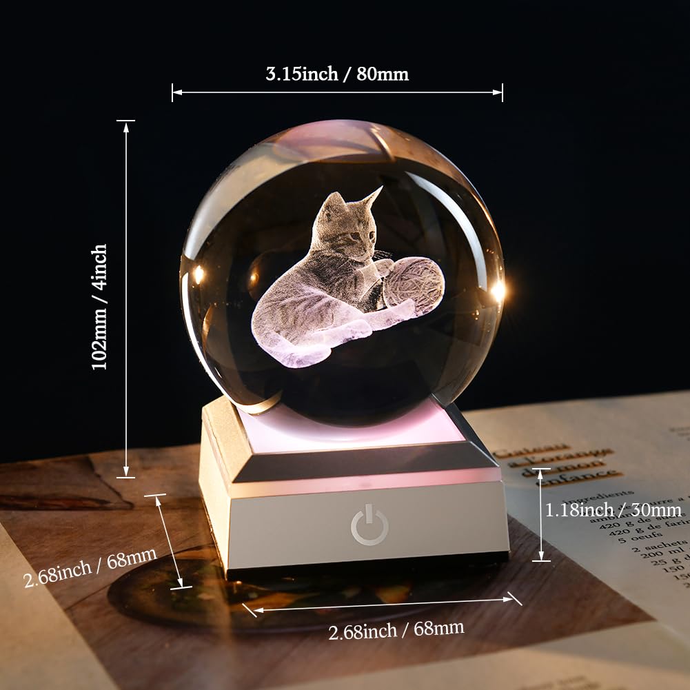 Zrenjhus 80Mm Cat Lover Gifts For Women 3D Laser Cat Night Light Cat Crystal Ball Decor Kitten Collectibles Stuff For Room Decor