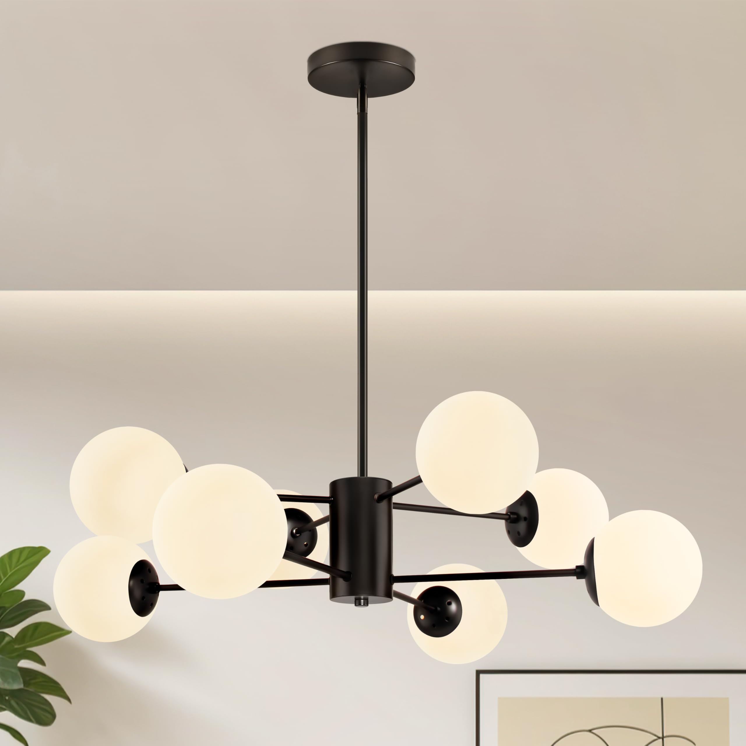Bagood 8-Light Globe Sputnik Chandelier Black Mid Century Modern Light Fixture Matte Black Finished with White Frosted Globe Gla