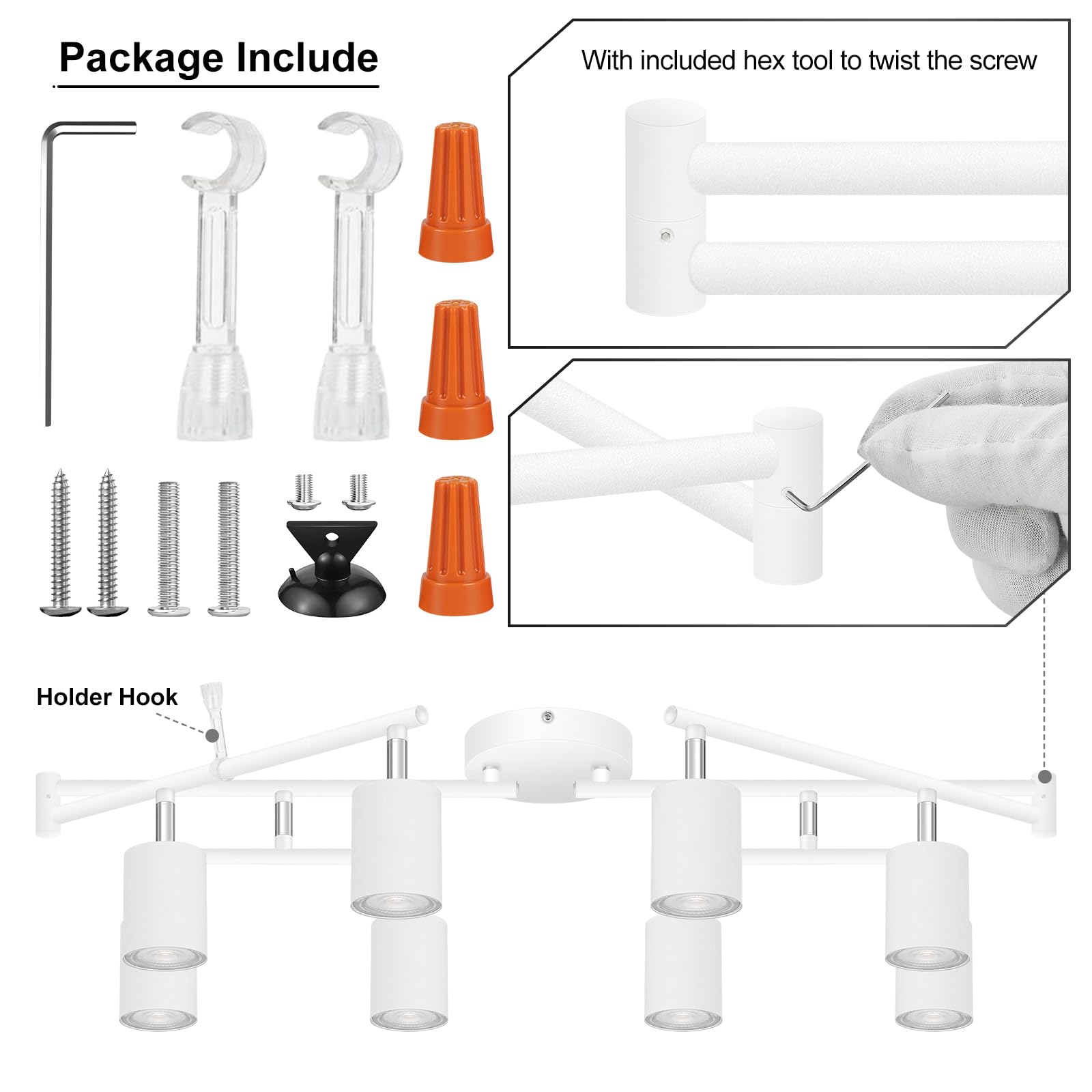 AUQUEE 8 Light Track Lighting Fixtures, Matte White, Rotatable LED Heads, Model AQC0682US, Adjustable for Kitchen/Hallway