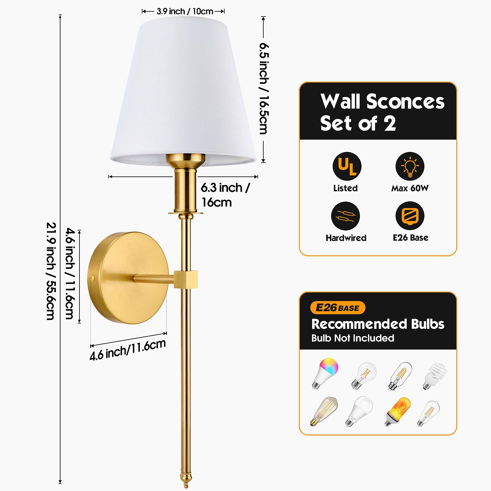 Soodmi Wall Sconces Sets Of 2, Bathroom Vanity Sconces Wall Lighting With White Fabric Shades, Retro Industrial Wall Lamps, Wall