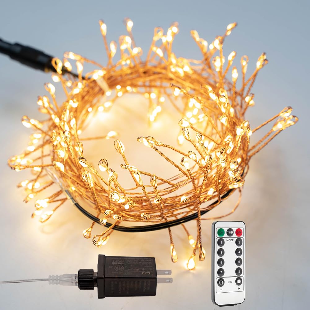 RESNICE Plug in Firecracker Lights 10FT Warm White Copper Wire Indoor Cluster Fairy Lights with Remote Timer for Bedroom, Living