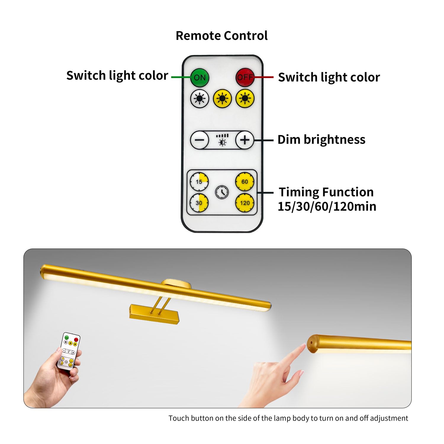 MQOUO Wireless Picture Lights - 24.4" Rechargeable Art Display Light, Dimmable, Remote Control, 3 Lighting Modes, Black-2Pack