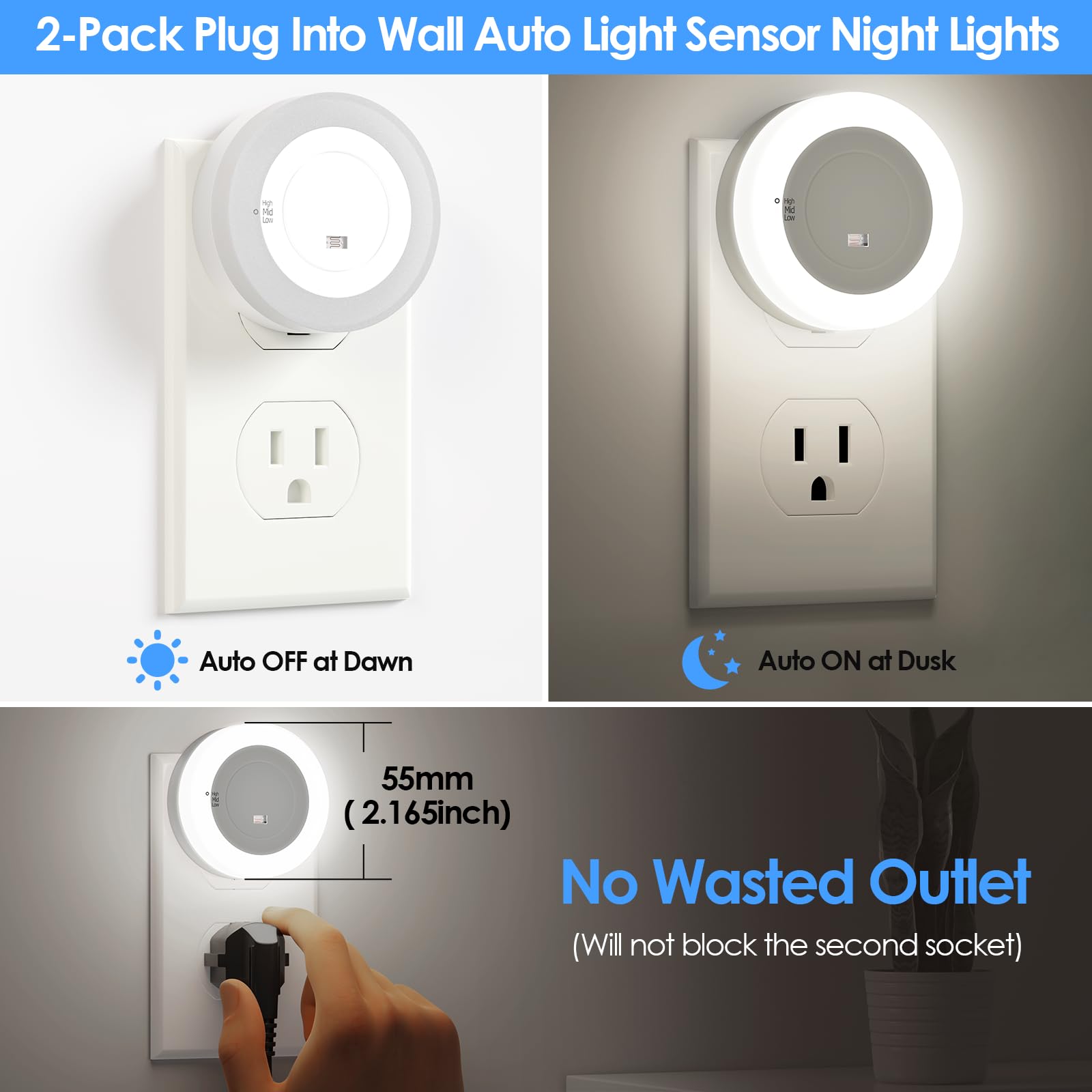 FOLKSMATE LED Night Light, Dimmable Plug-in, Dusk to Dawn Sensor, 2-Pack, White, Model ZLU03159-A