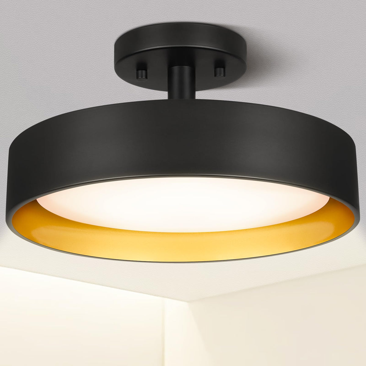 SunRider Industrial Semi Flush Mount LED Ceiling Light Fixture, 12 Inch 25W 2000LM, 4000K Neutral White, Dimmable Pendant Lamp f