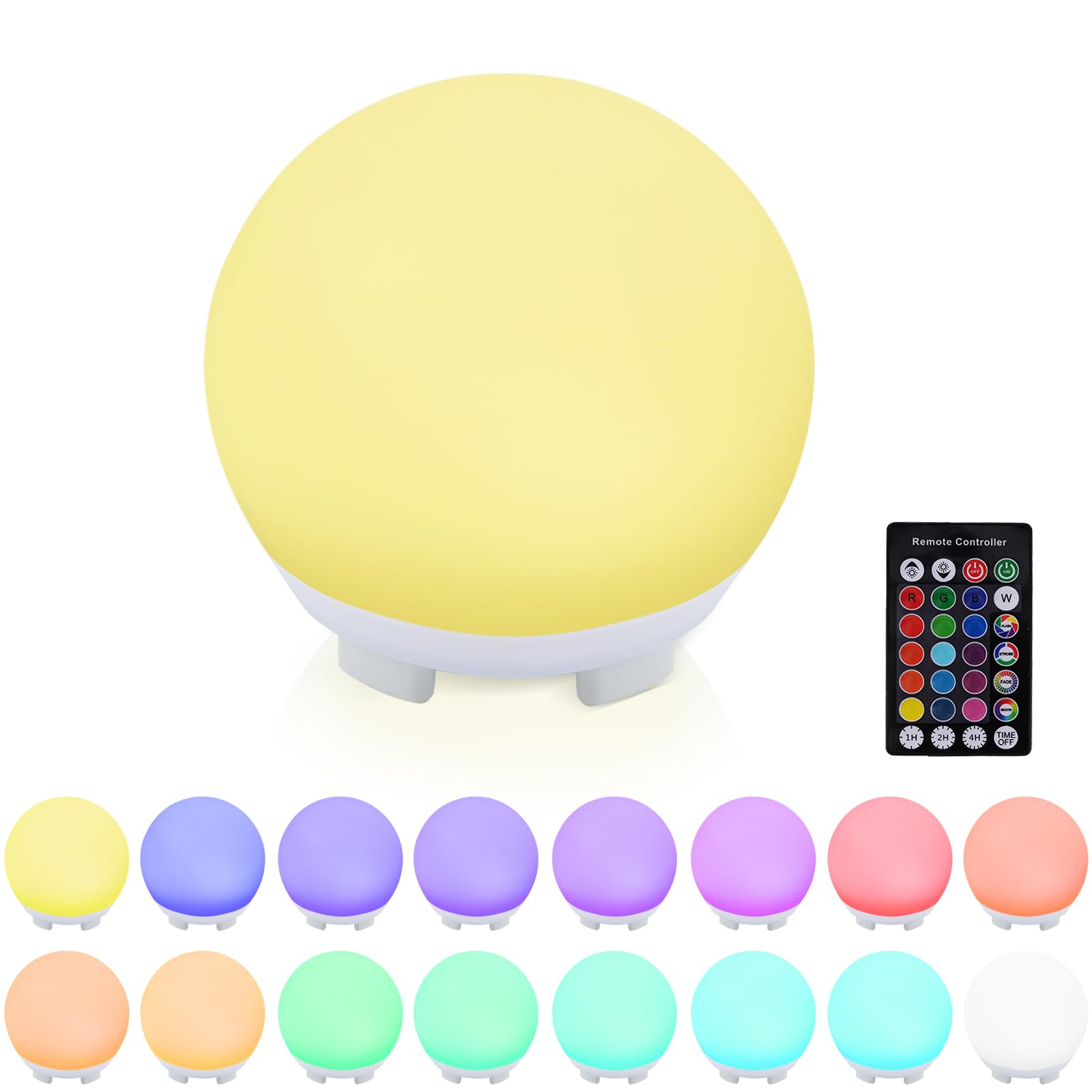 RKDTX 16-Color USB Rechargeable LED Ball Night Light with Remote, 4 Modes & 8 Brightness, 4.7 Inch Compact Mood Light for Bedroo