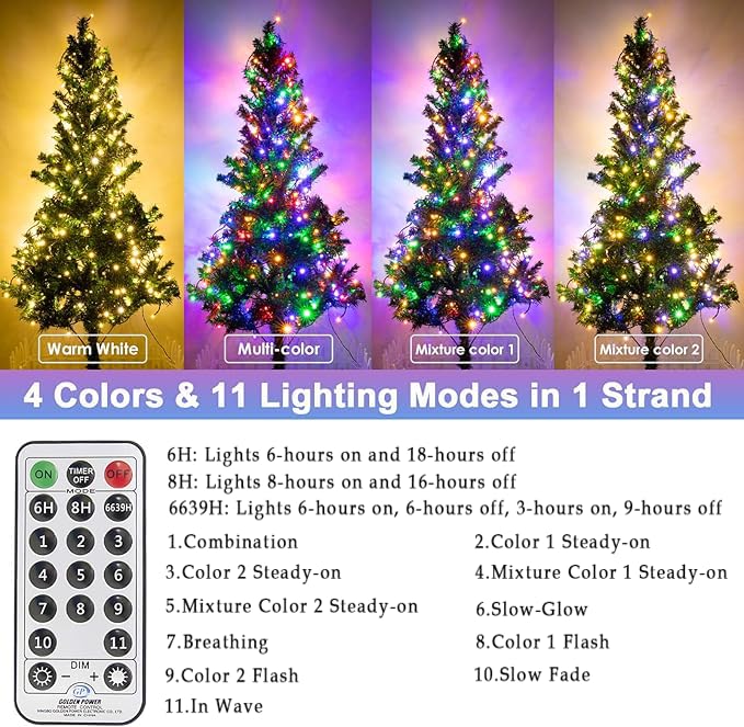 Decute Colors Changing Christmas Tree Lights 4 Colors In 1 String Lights, 11 Modes 300Leds 108Ft Extendable Waterproof Indoor Ou