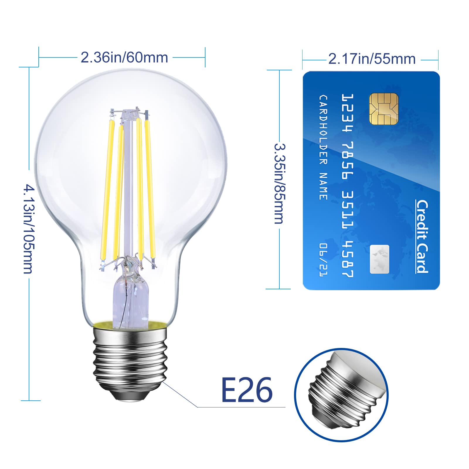 Energetic Dimmable Led Filament Light Bulbs, 8W, 60 Watt Equivalent, Daylight 5000K, Classic Clear Glass, A19 Led Light Bulb, 6