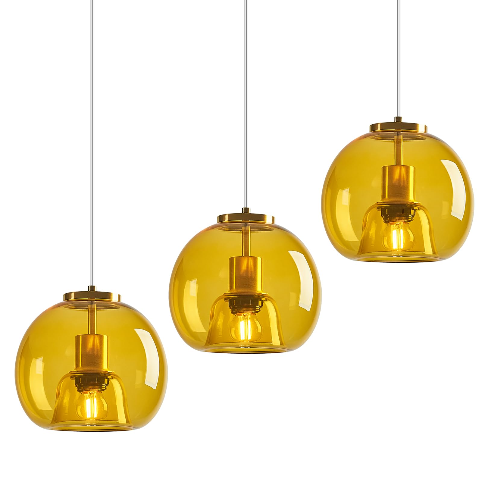 Lbsqj Yellow Glass Pendant Lights Kitchen Island Gold Hanging Light Fixture Glass Globe Pendant Light Modern Pendant Lighting For Kitchen Island Bedroom Dining Room (7.87  3 Pack)