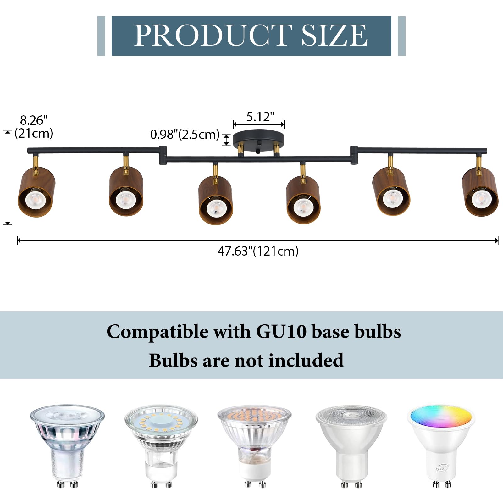 Modern 6-Light Track Lighting, 47 Inch, Natural Wood Adjustable Light Heads, Brass Accent, Matte Black Ceiling Track Lights For