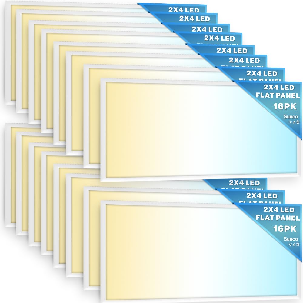 Sunco 16 Pack 2x4 LED Flat Panel Light Drop Ceiling Office Shop Commercial Warehouse Fixture, 6500 Lumens, Selectable Features, 