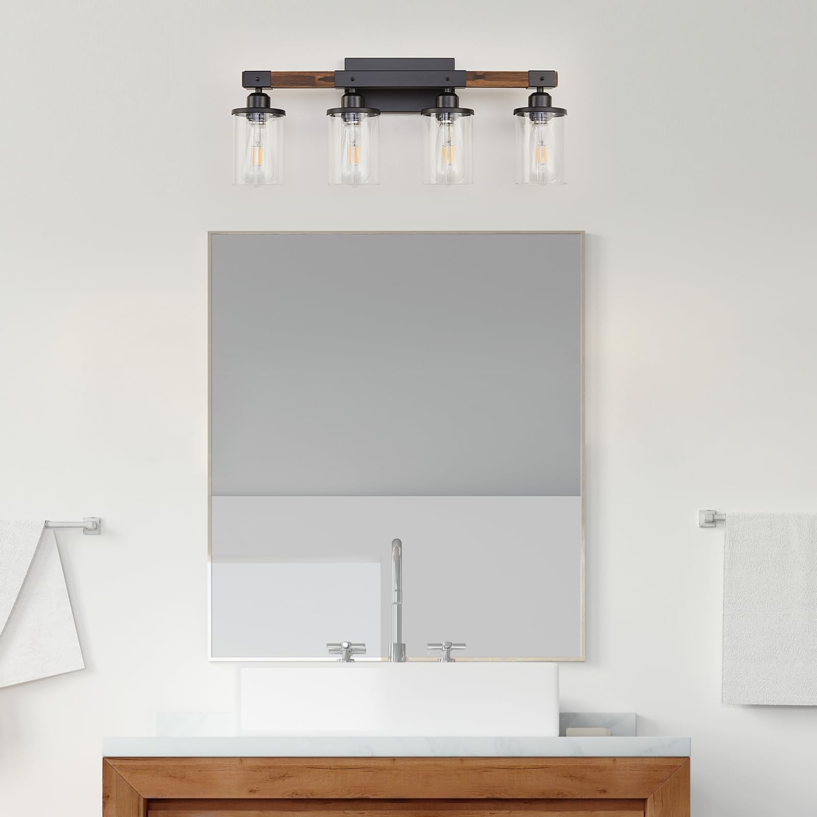 Feohak 3-Light Bathroom Vanity Light Fixture, Rustic Wood & Metal, Vintage Black, Clear Glass Shade, Model 70cd1d05-d28c-423e-8362-4