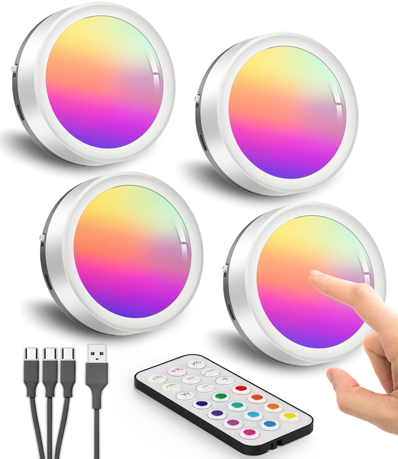 Rgb Rechargeable Puck Lights With Remote, 1600Mah Battery Operated Tap Lights Stick On Led Under Cabinet Light Usb Magnetic Clas