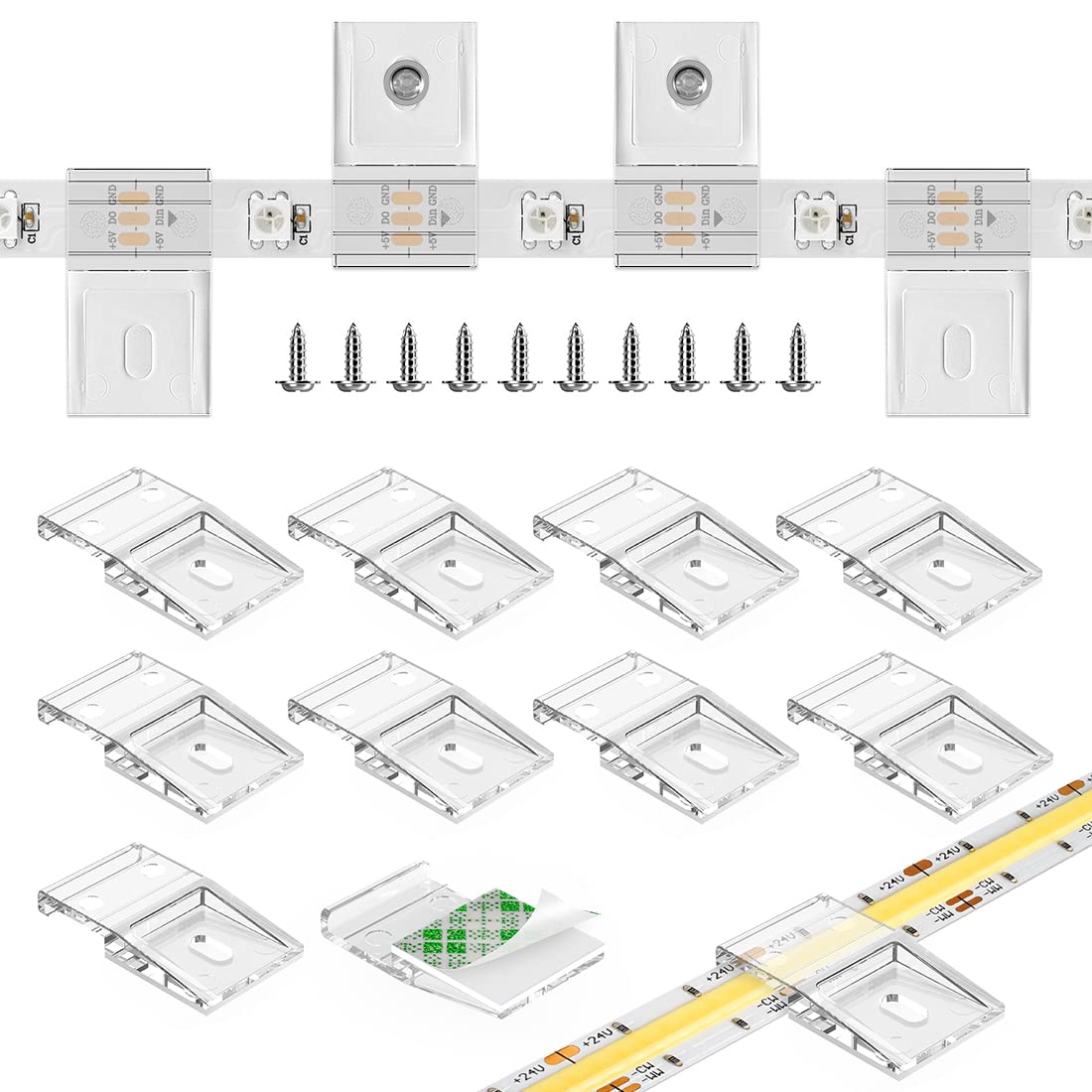 Hysmigor LED Strip Light Clips, Clear Plastic, Self Adhesive with Screws, 20Pcs, 0.39in/10mm Width, Model LEDClip-10mm-TM