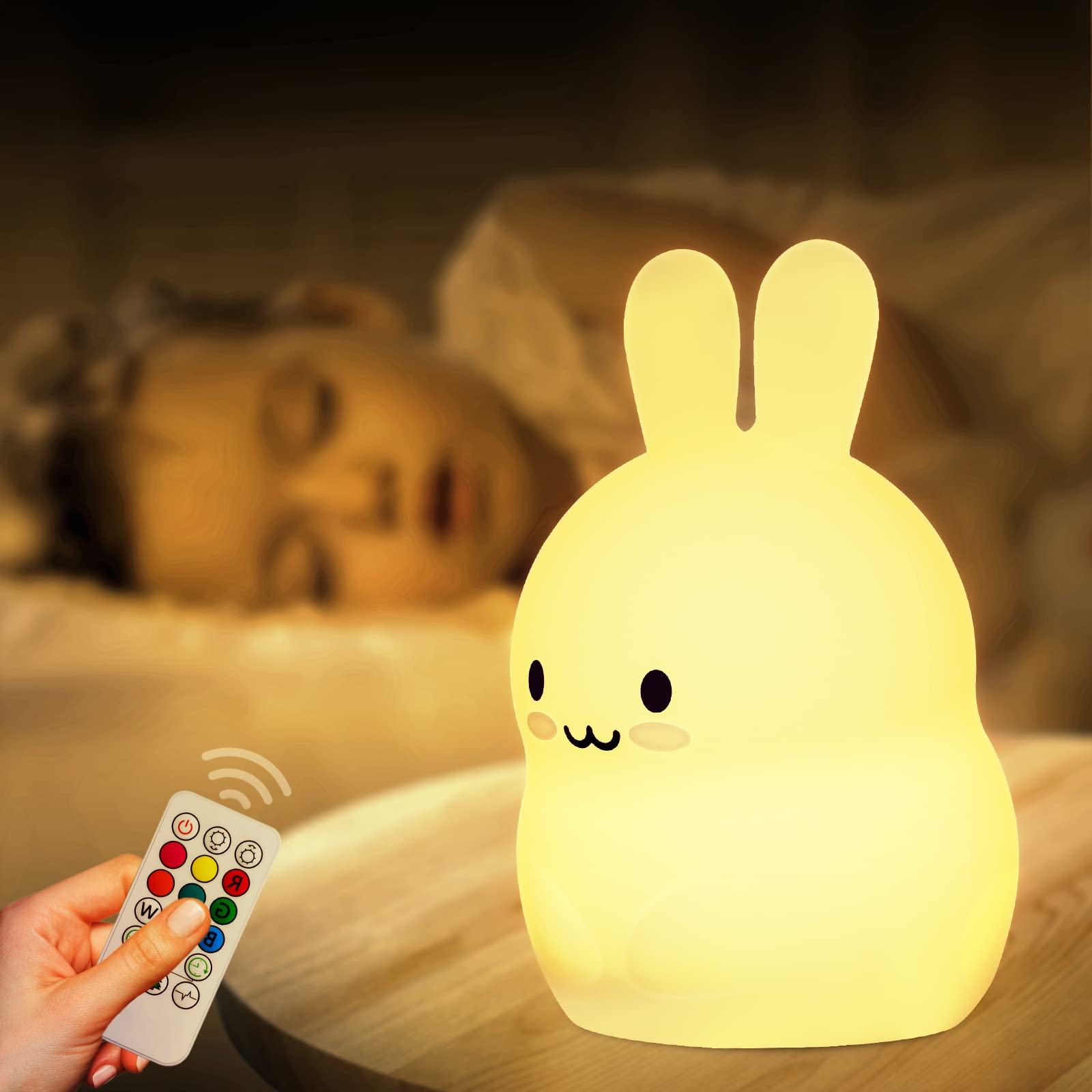 ShaArkMango Cute Rabbit Lamp - LED Night Light, Color Changing, Soft Silicone, Bunny Color