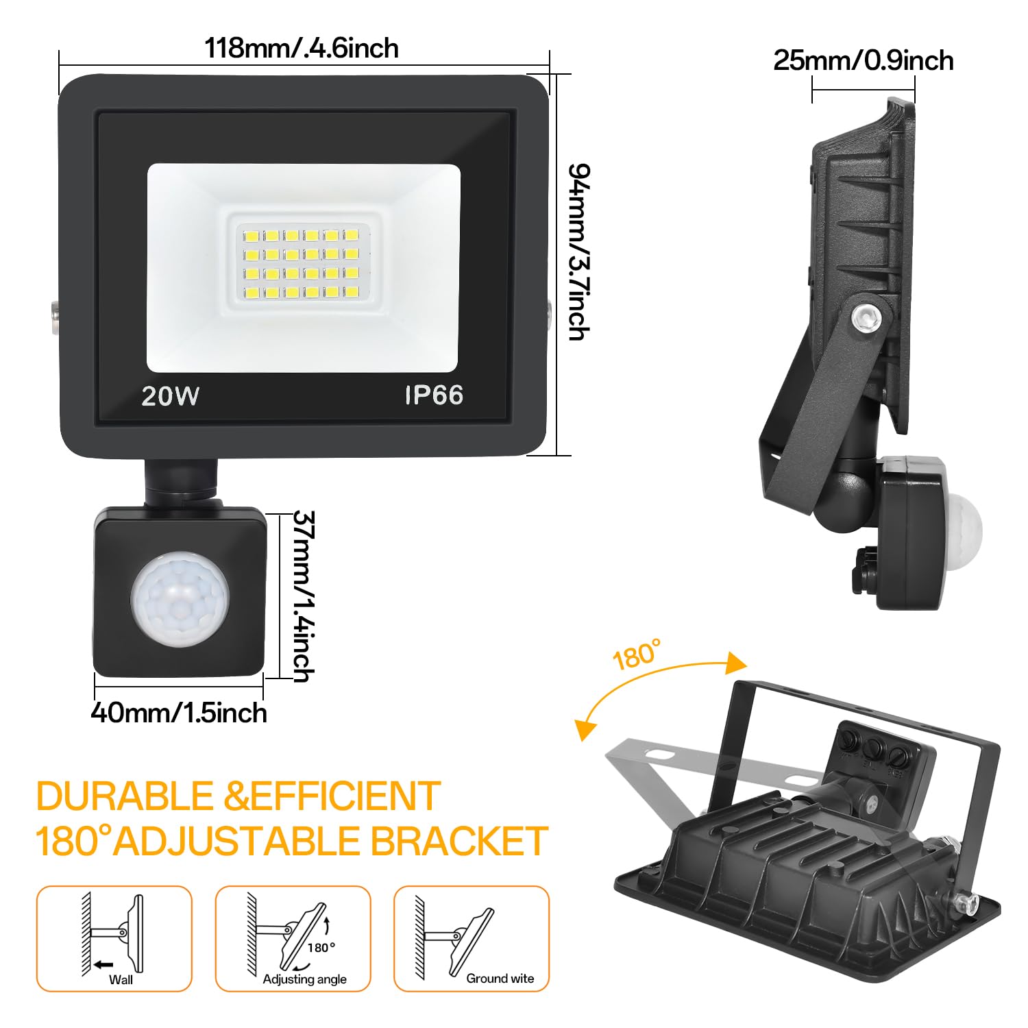 RERBIO 20W Motion Sensor Flood Light, IP66 Waterproof, 6000K Bright, Plug-in with 4.9ft Cord, Black