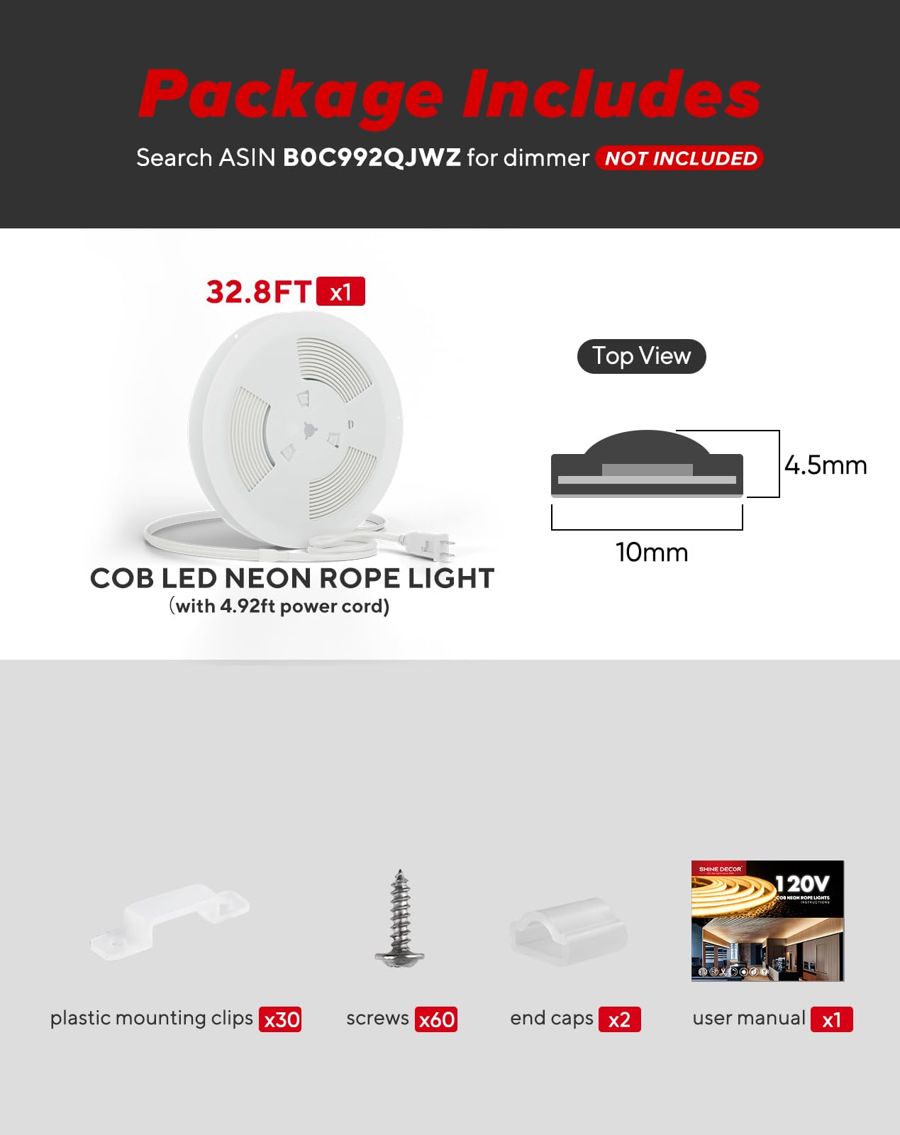 Shine Decor Cob Led Rope Light Ac 120V  800Lm Ultra Bright  Ip65 Waterproof Cold-Resistant Etl Neon Strip  No Driver Tape Lighting For Home Commercial 10X4.5Mm  Amber  32.8Ft