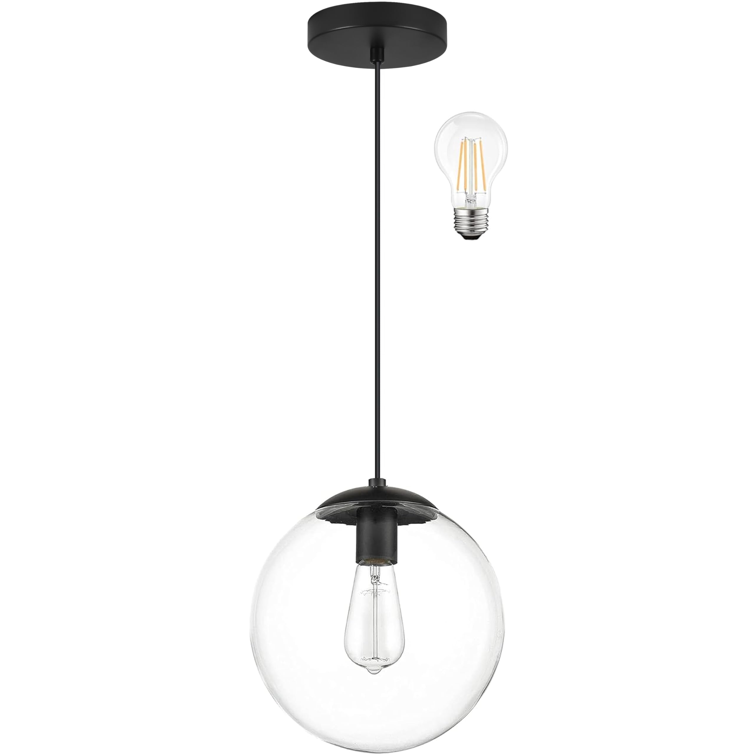 KoKo&Yukina 8 inch Globe Pendant Lighting for Kitchen Island Mid Century Modern Hanging Light Fixture with Clear Globe Glass Bla