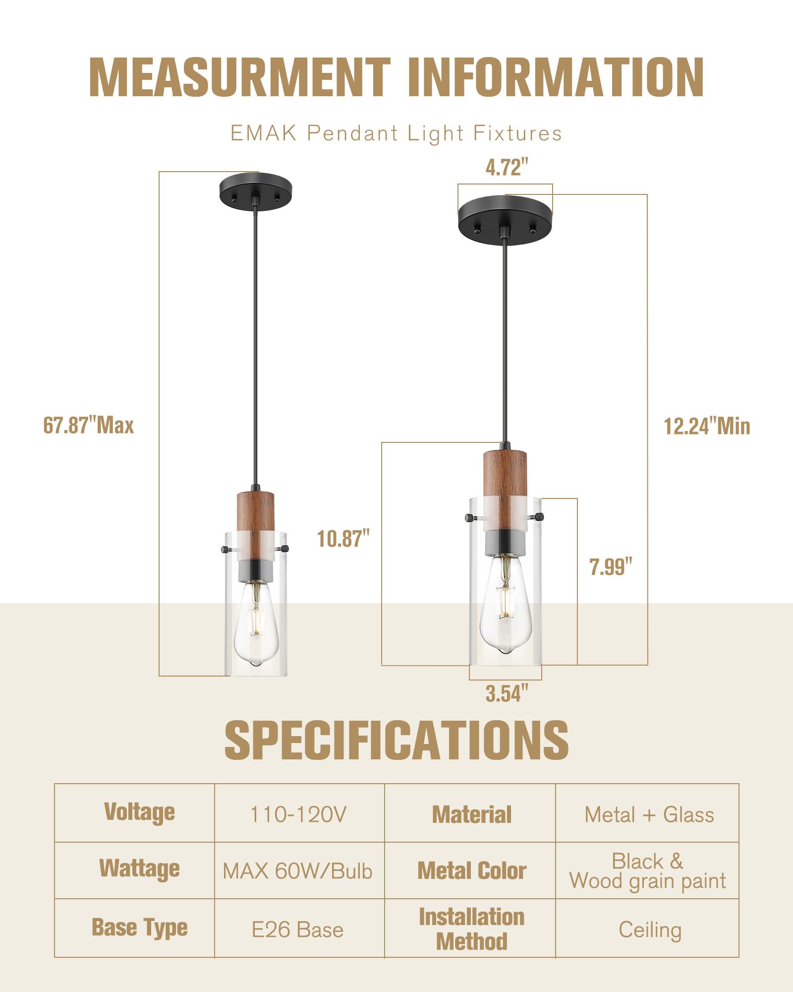 Emak 3 Pack Mini Pendant Lights Kitchen Island, Black Pendant Light With Clear Glass Shade, Wood Grain Painted, Modern Farmhouse