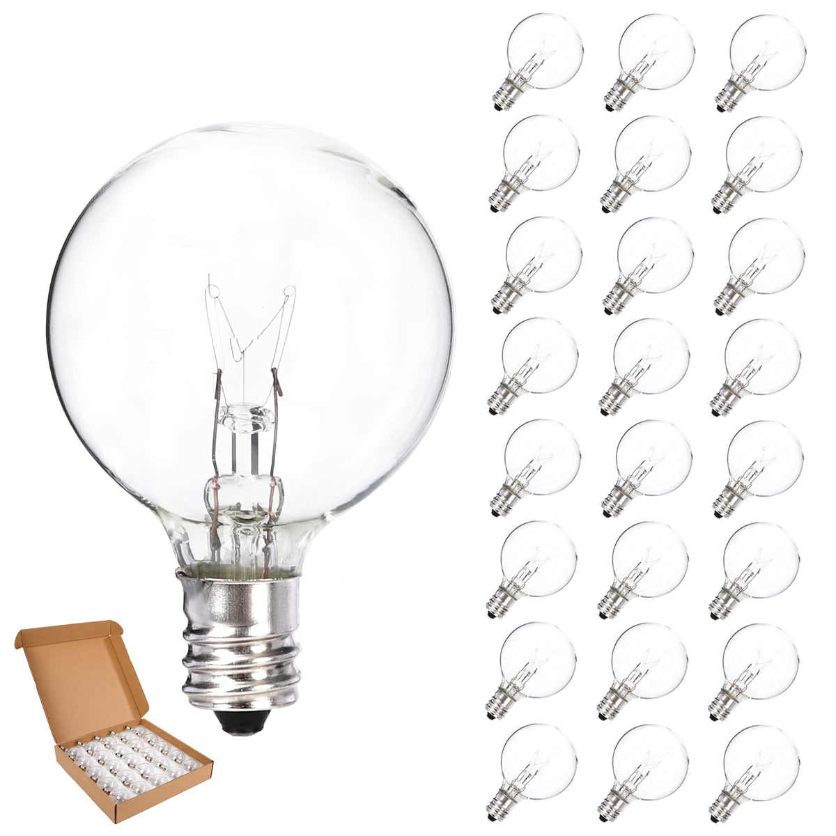 Hinuaxbulb 25 Pack Outdoor String Light Bulbs G40 Christmas Replacement Bulbs 120V Clear Globe 5W Bulbs Dimmable With E12 Base F
