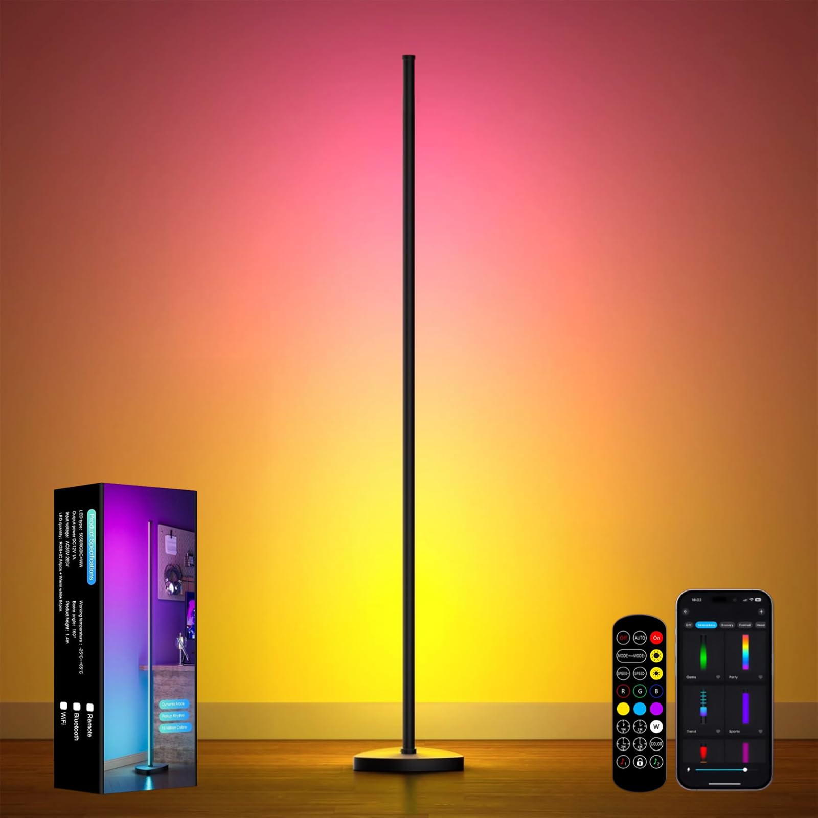 Eastfine Corner Floor Lamp, 70in LED, Black, Aluminum, APP & Remote Control, 16 Million Colors, Model DX23012-01