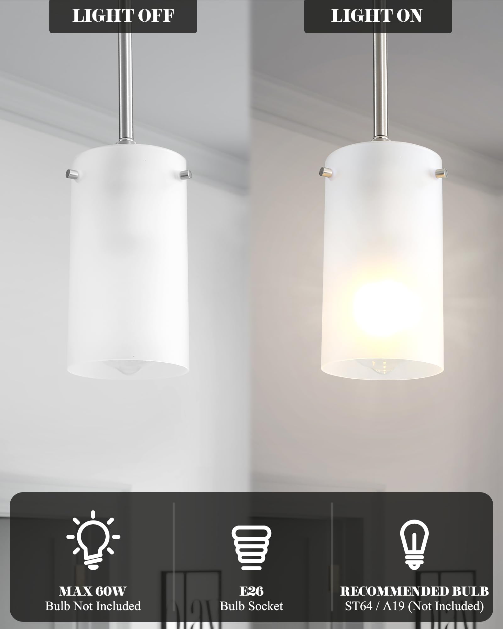 Eidonta Mini Pendant Light Fixture 1-Light, 2 Pack Brushed Nickel Hanging Ceiling Lights With Opal White Glass, Adjustable Heigh