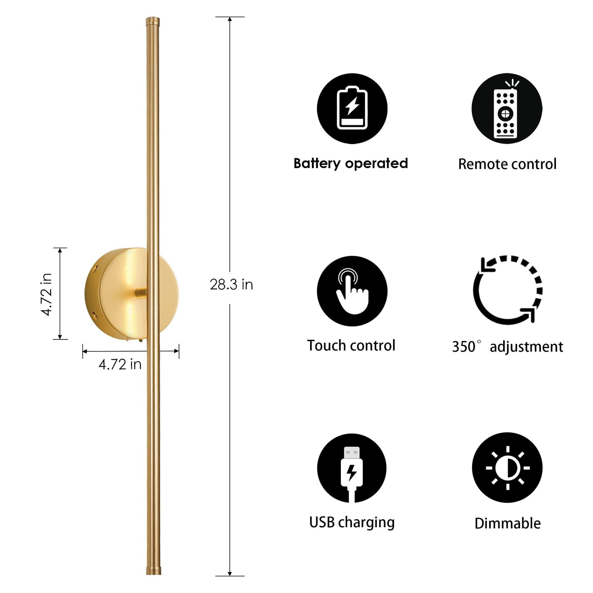 InnovAbode Wireless USB Rechargeable LED Wall Sconce Light Set of Two, Dimmable, 360° Rotateable, Gold, Model MLR211