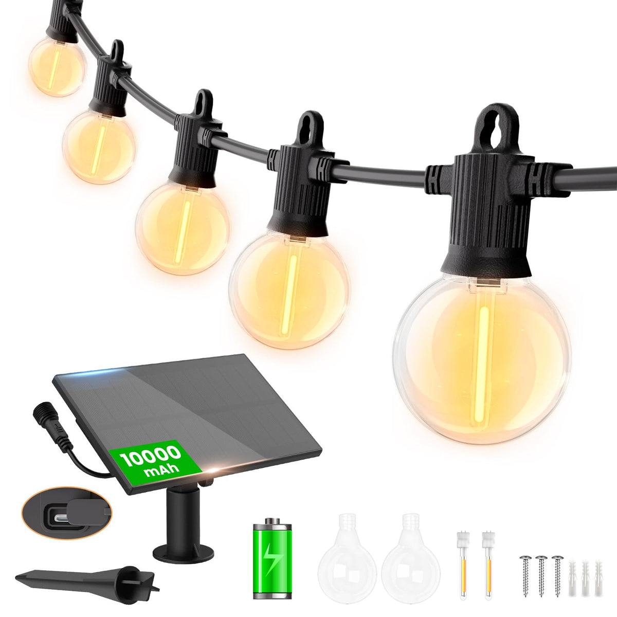 Zotoyi Solar String Lights Outdoor Waterproof Ip65 150Ft With Usb Port And 73+3 Shatterproof G40 Bulbs, Up To 8-12 Hours For Usi
