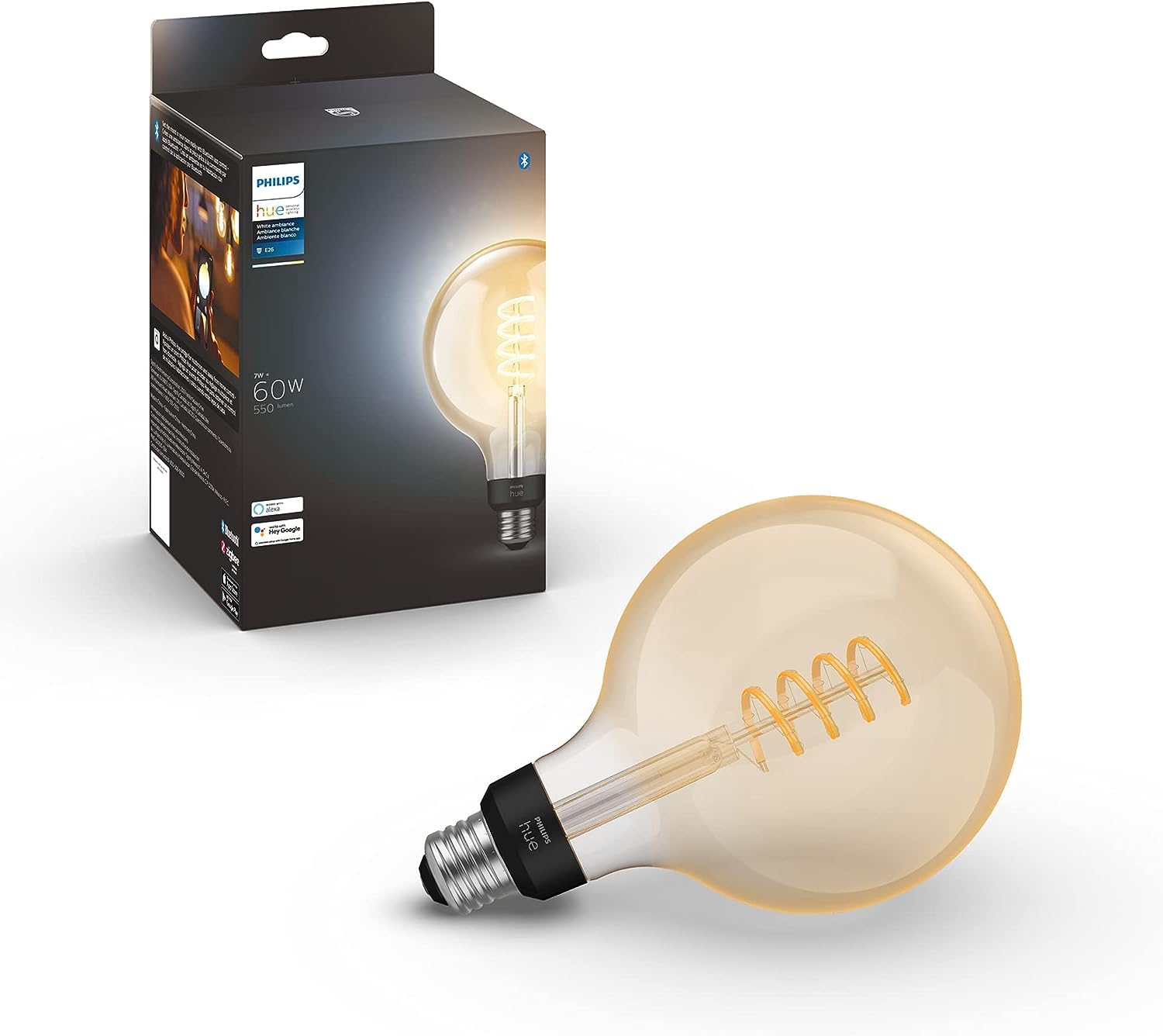 Philips Hue Smart 60W G40 Filament LED Bulb - White Ambiance Warm-to-Cool White Light - 1 Pack - 550LM - E26 - Indoor - Control