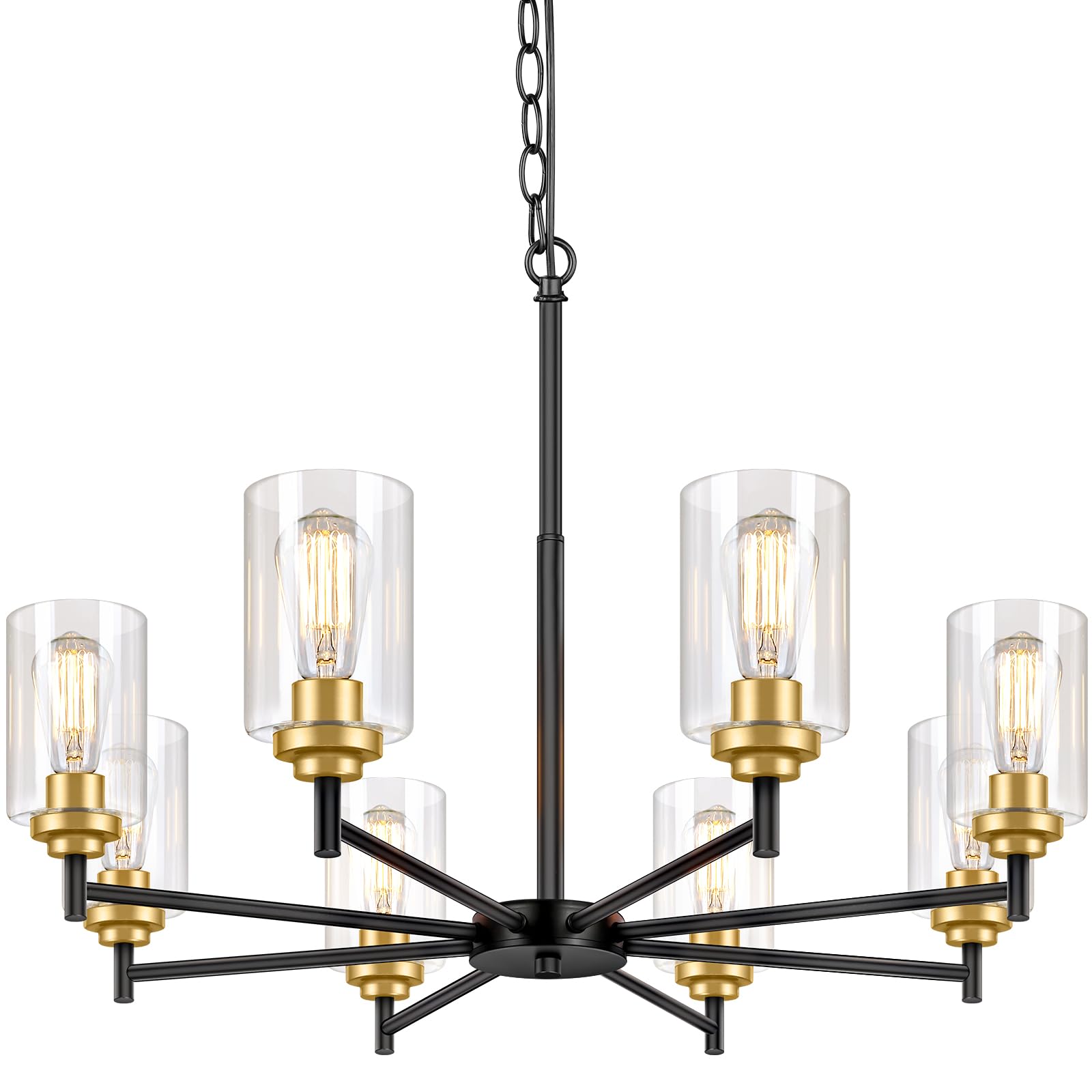 Sucolite 8-Light Black & Gold Chandelier - Modern Farmhouse Pendant Lighting For Dining Room, Height Adjustable, Model 3358-P8-Bk