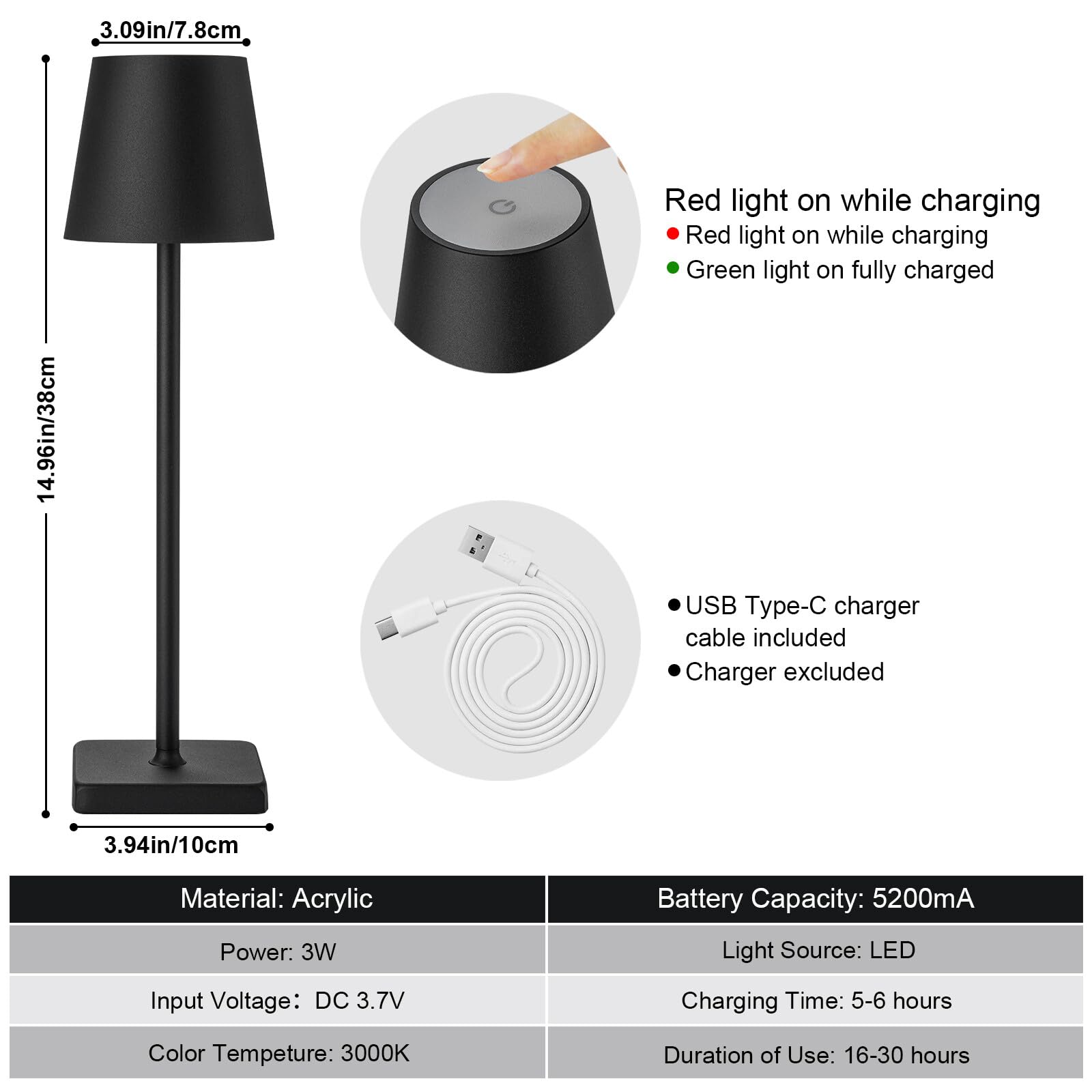 Kelary Cordless Table Lamp, 2 Pack, Rechargeable LED, 5200mAh Battery, Stepless Dimmable, Waterproof, Black, Model BZTD008BDFBAK