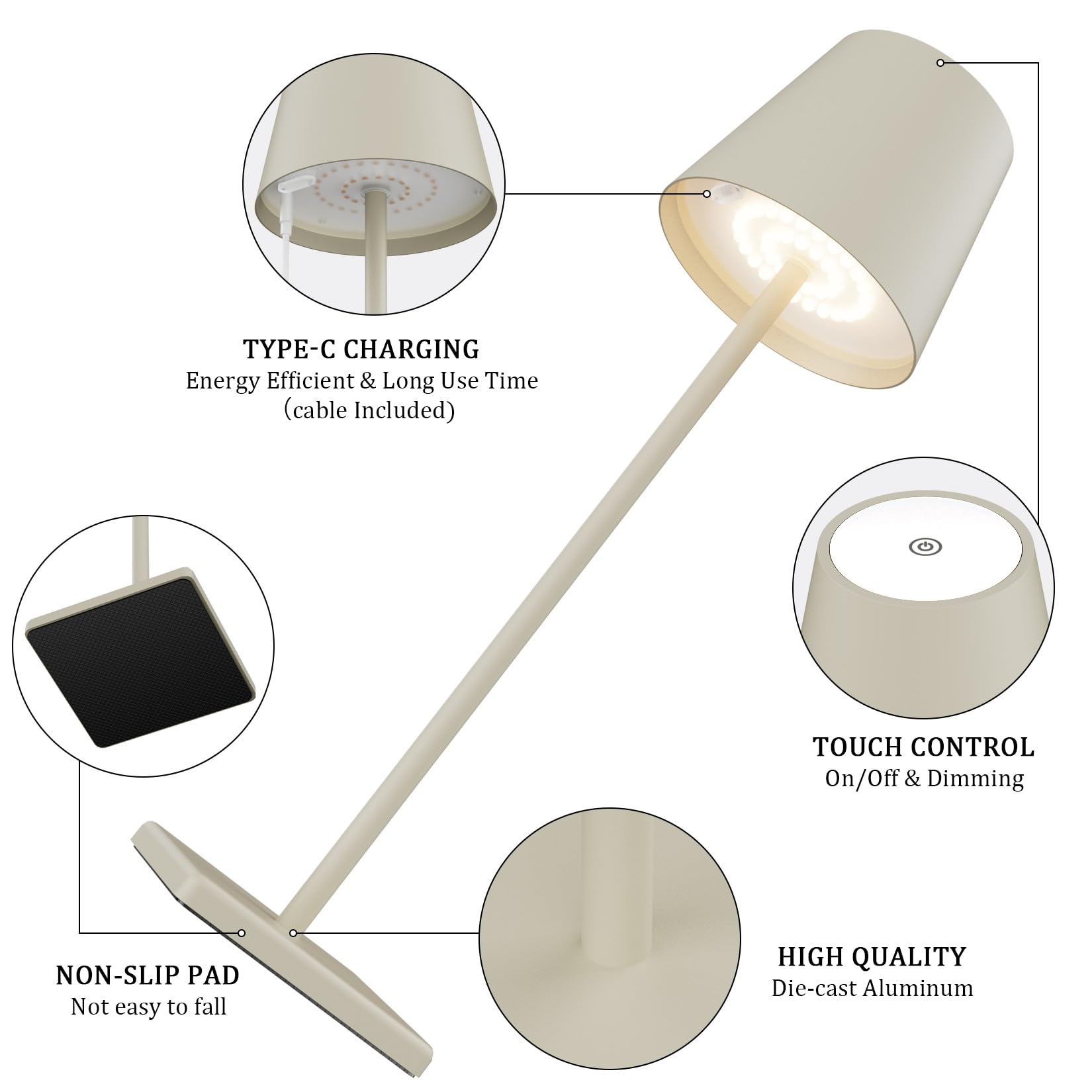 Aoceley 2-Pack LED Cordless Table Lamp, 3W Rechargeable, Stepless Dimming, IP54 Waterproof, Off White, Model HT-010