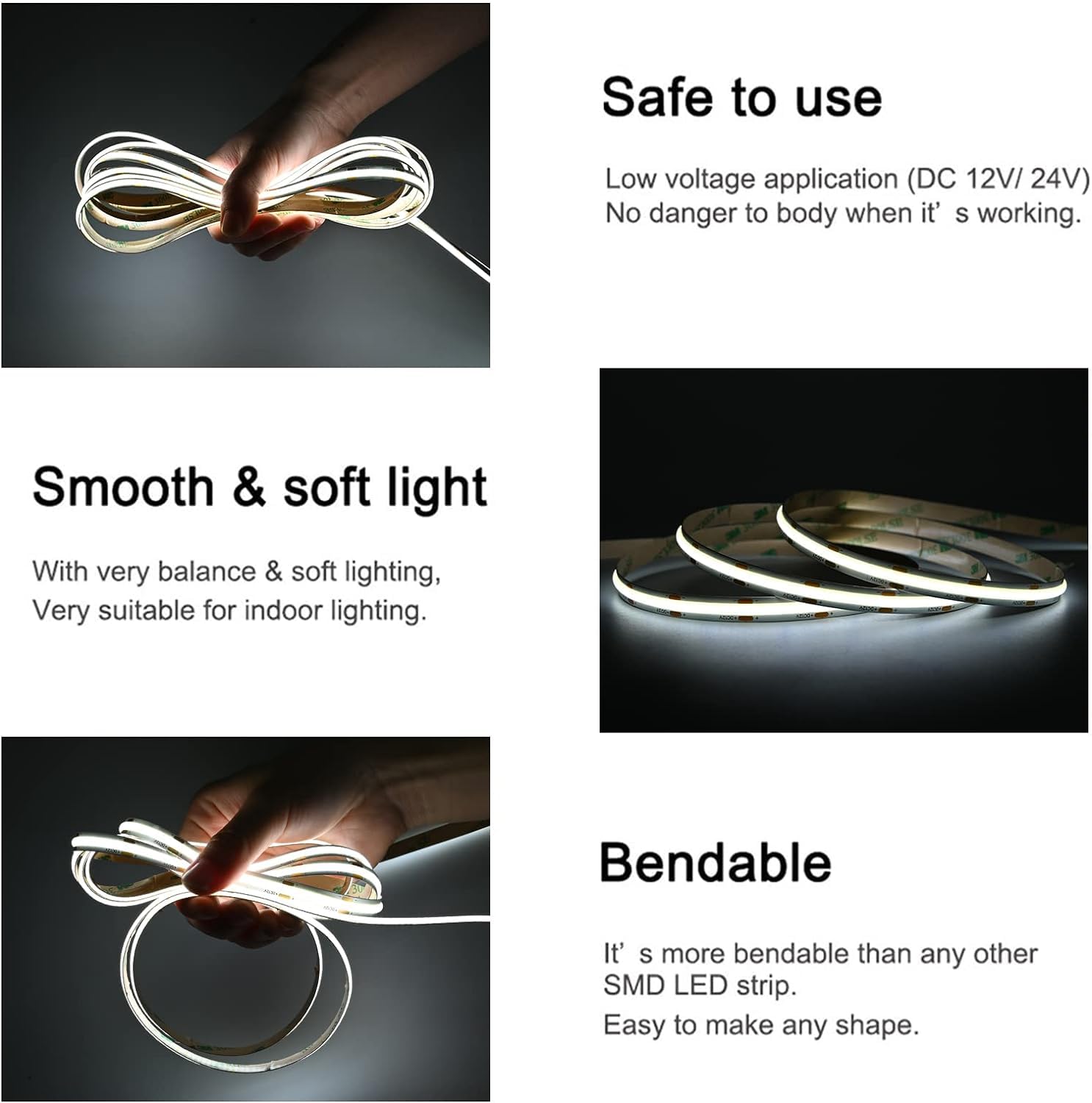 Tunichx Cob Led Strip Light Dc 24V Led Strip Light Flexible Super Bright Led Strips,16.4Ft 6500K White,Cri 90+,2400Leds High Den