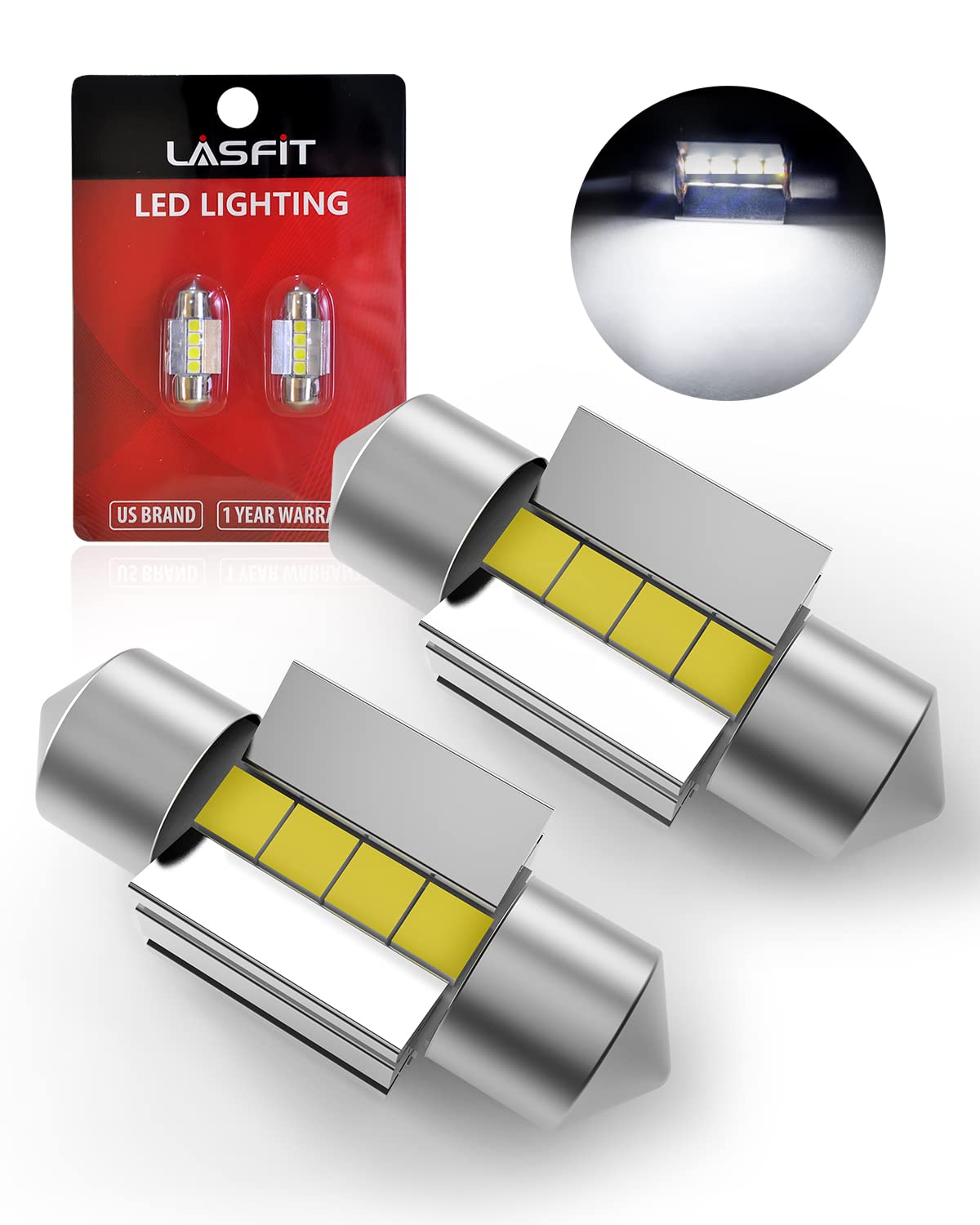 LASFIT LED Festoon Bulbs, 31mm, Aluminum, Canbus Error Free, 400LM, 6000K, Xenon White, Pack of 2