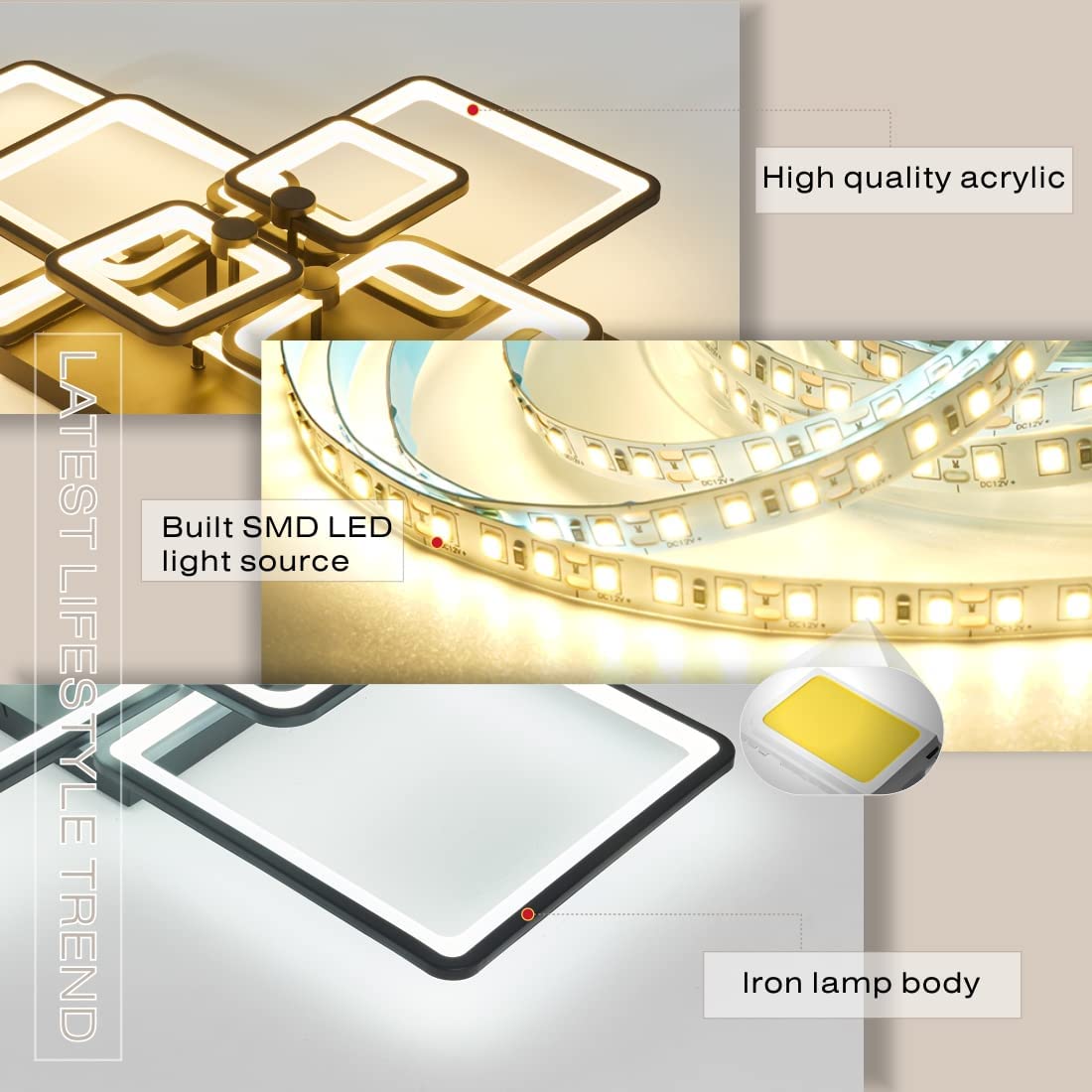 HiHiHomy Modern LED Ceiling Light Fixture, Dimmable, 41.7in, 8 Lights, Black, Model FK001