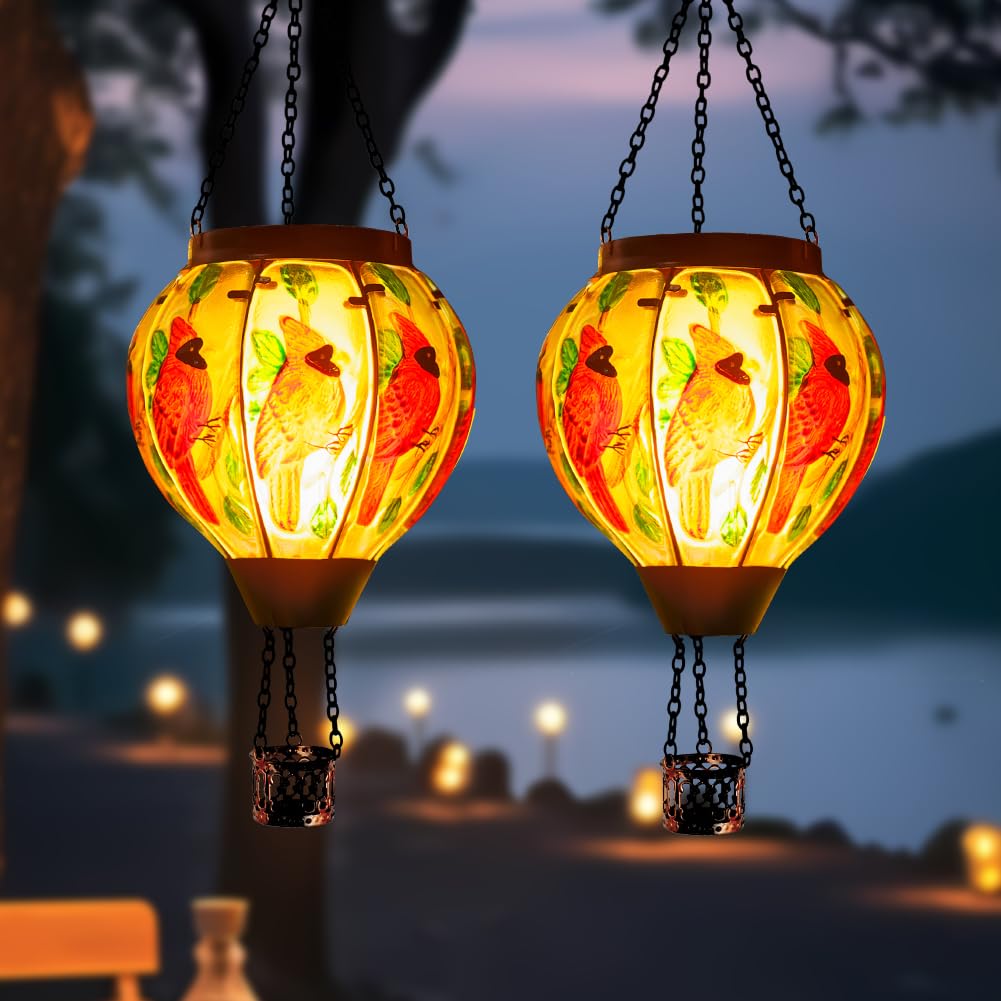 Starsoul 2 Pc Red Cardinal Hot Air Balloon Solar Lantern With Flame Glass Hanging Outdoor Hot Air Balloon Solar Light Waterproof