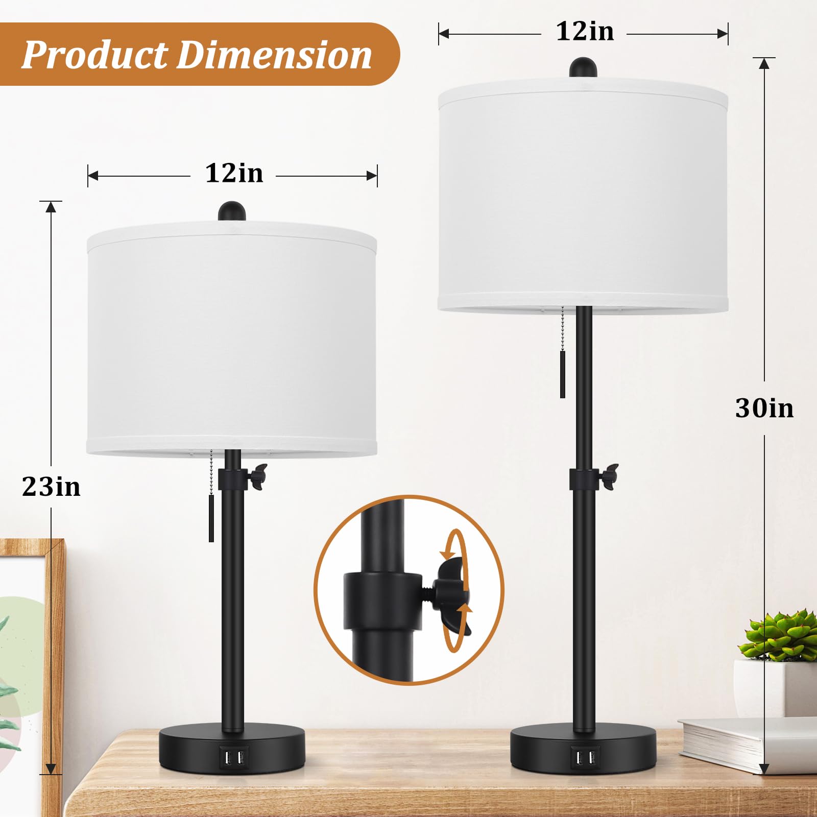Kondras 23-30" Height Adjustable Table Lamp Set of 2, Black Metal with USB Ports, Modern Design for Bedroom & Living Room