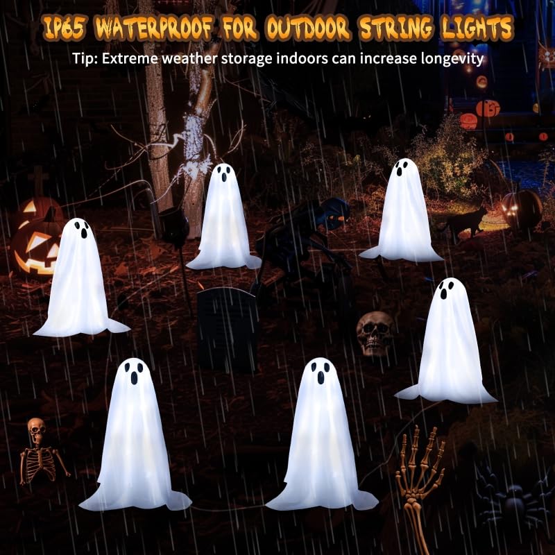 Beteray Halloween Decorations 6 Pack Ghost String Stake Lights - 18.9'' Waterproof, 8 Modes